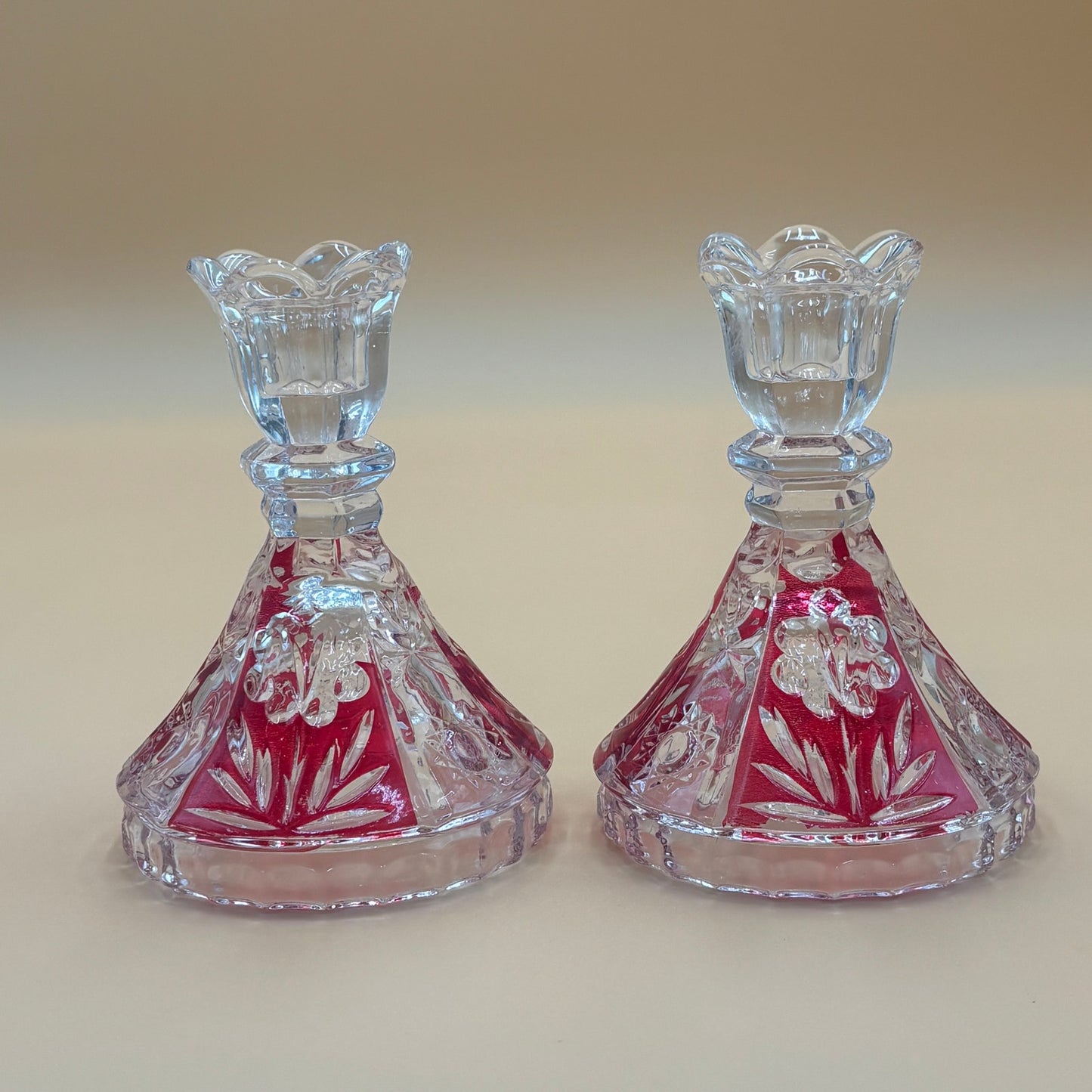 VTG Crystal Taper Candleholders - Ruby Red Cut Glass - Set of 2