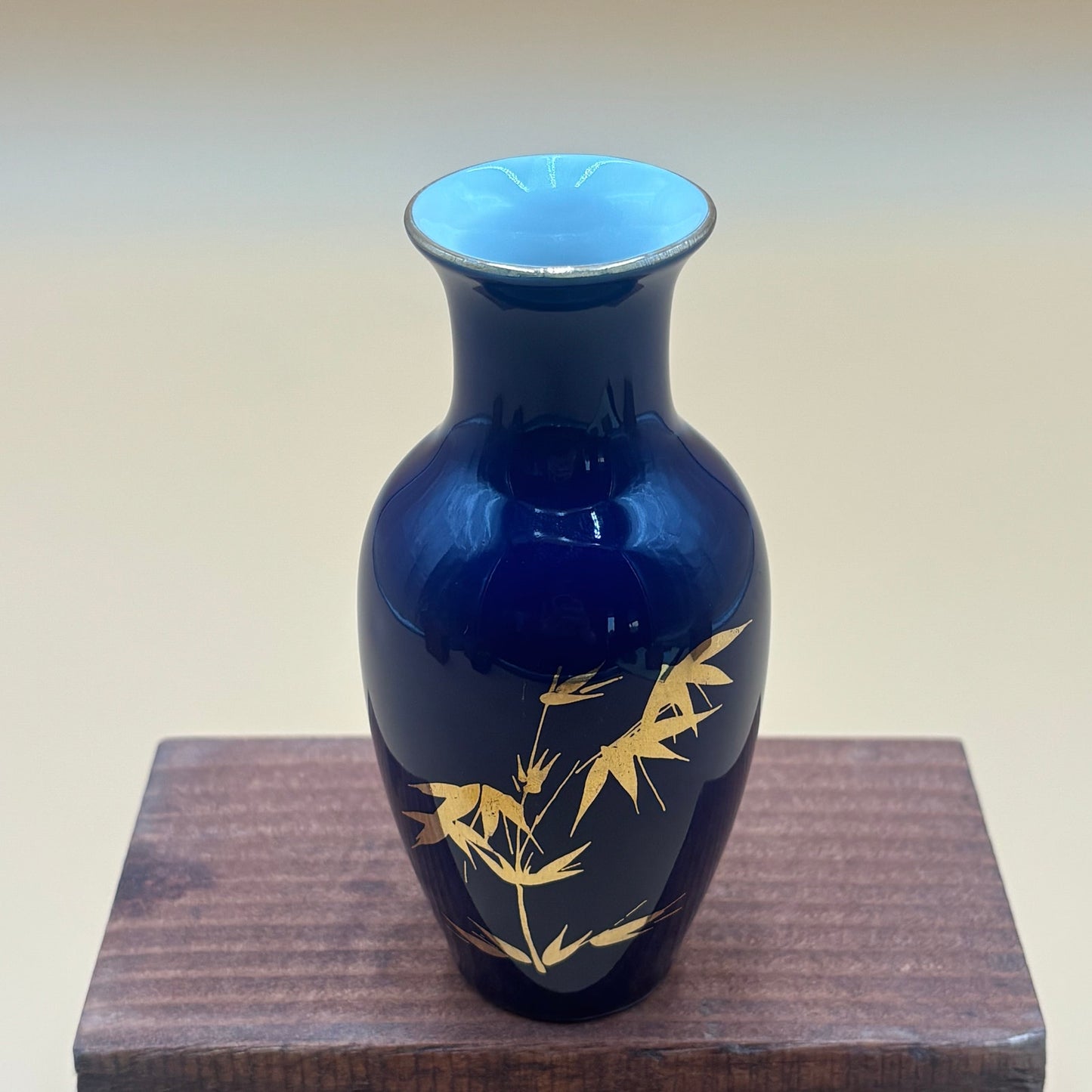 Vintage Cobalt Blue Vase with Gold Bamboo Design β 4.5β Tall