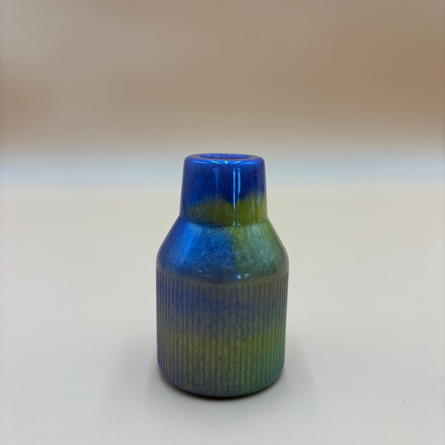 Vintage Ribbed Studio Pottery Bud Vase - Blue & Green Drip Glaze