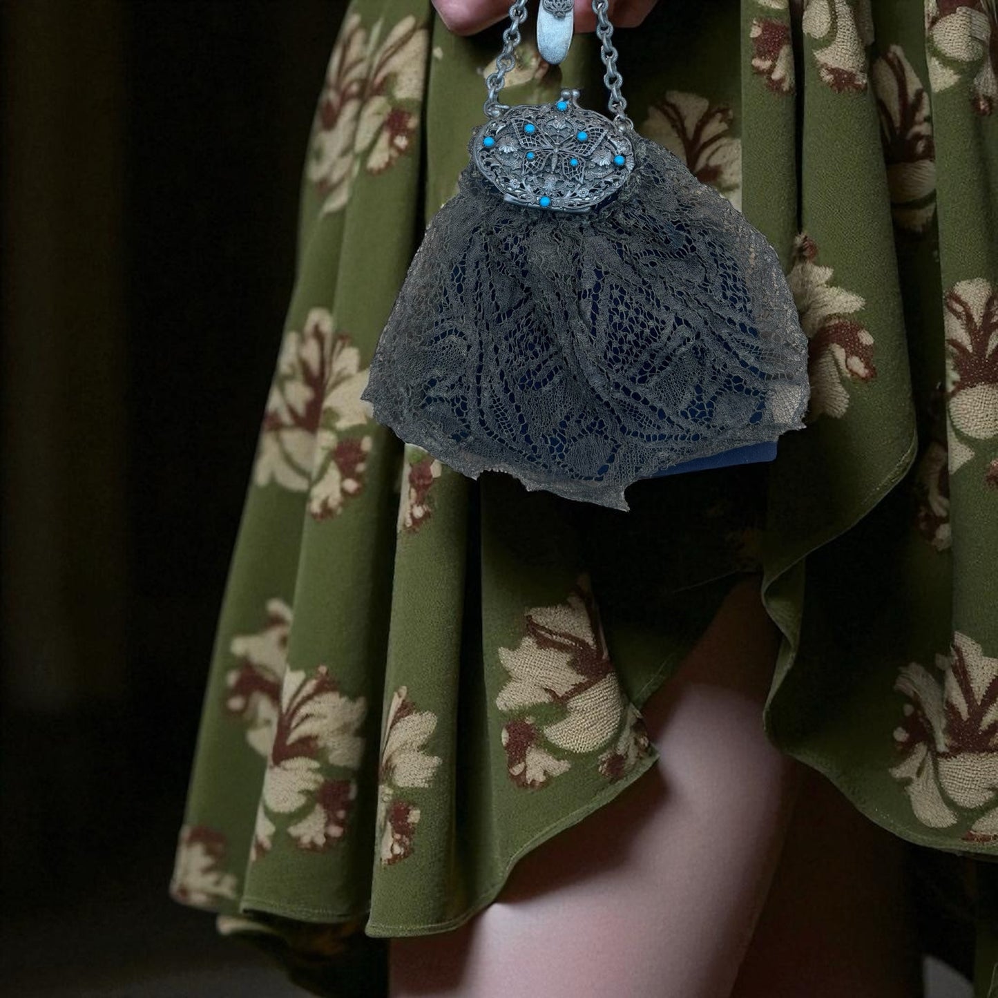 Antique Clip-On Purse with Mirror β Olive Green Lace & Blue Cloth Lining