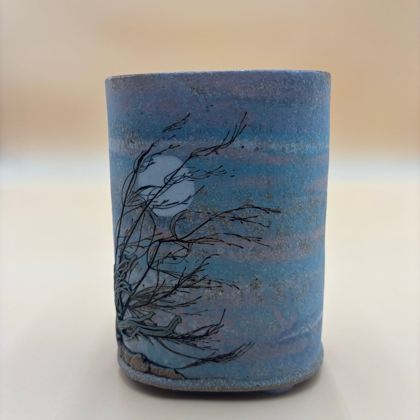 Handmade Ceramic Vase – Etched Tree & Moon Design (6.5” Tall)