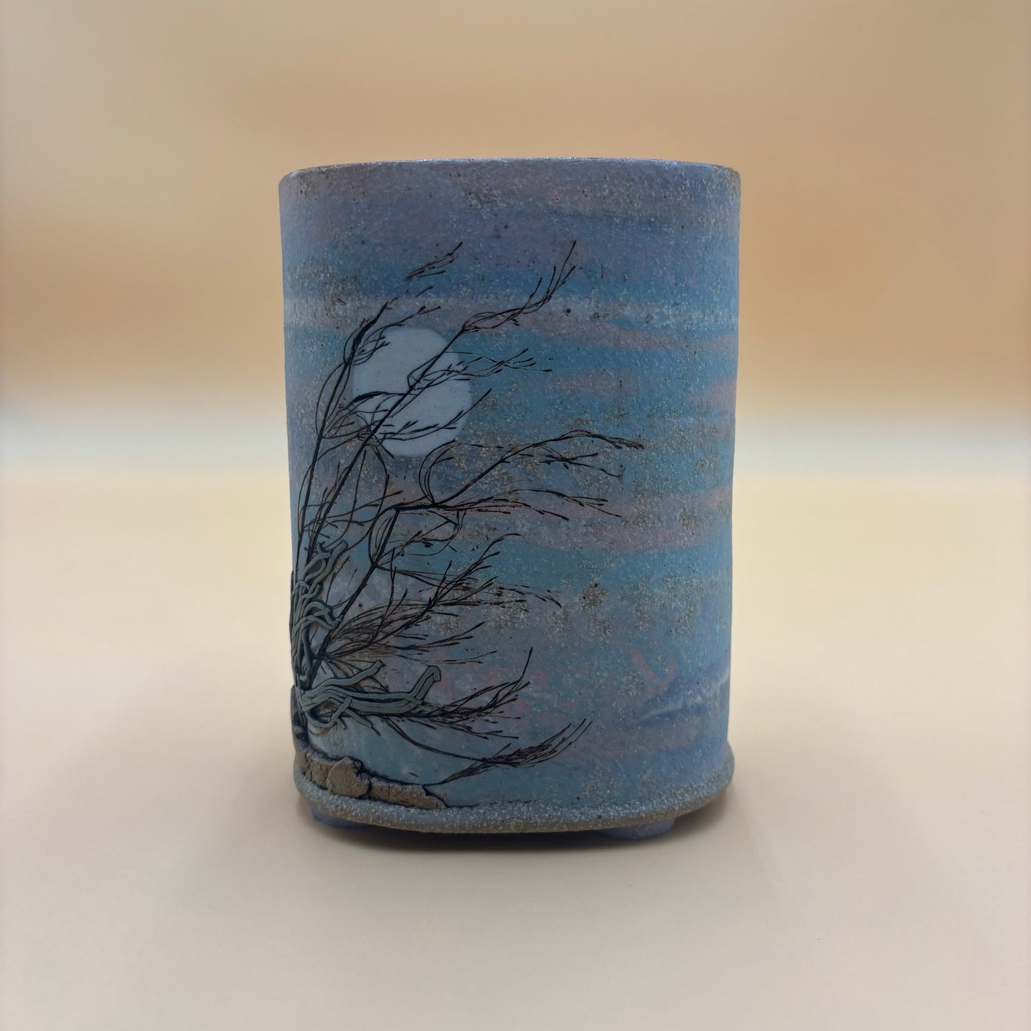 Handmade Ceramic Vase – Etched Tree & Moon Design (6.5” Tall)