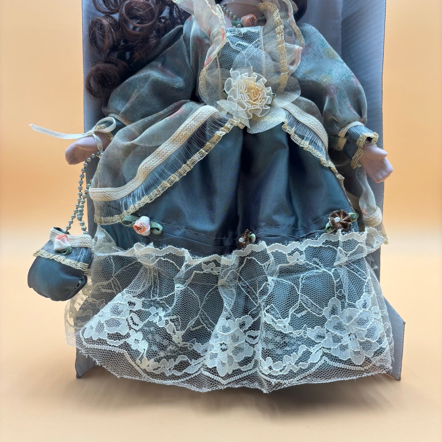 Vintage Porcelain Doll in Sage Green & Gold Dress 12"