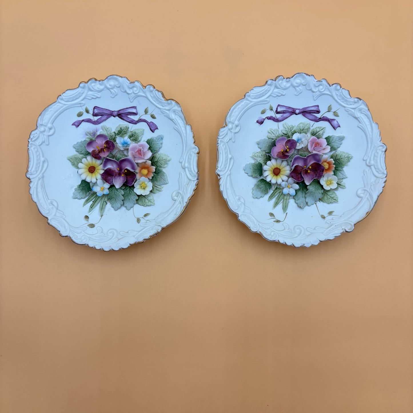 Set of 2 Vintage Lefton China Floral Wall Plaques β Hand Painted β KW4743