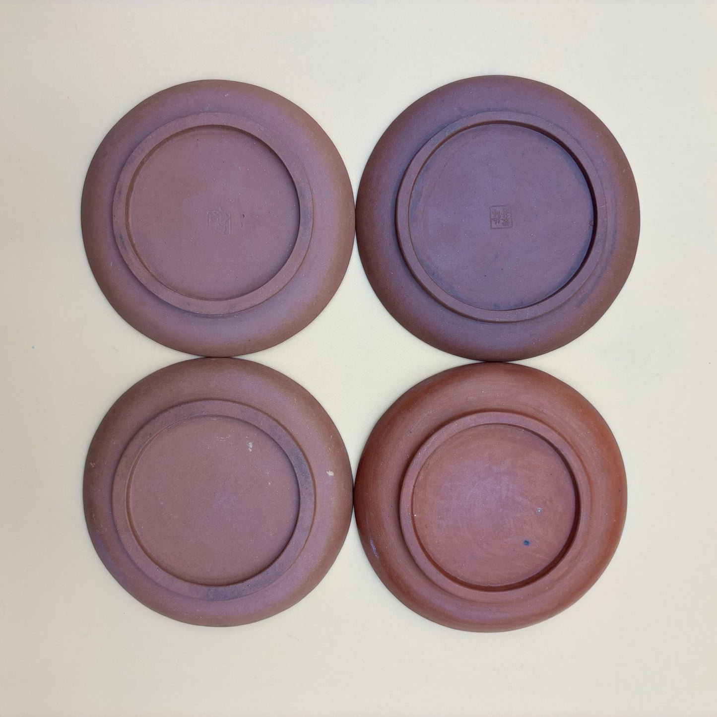 Antique Chinese Yixing-Style Red Clay Teapot Set β 4 Fair Cups & 4 Saucers with Etched Characters
