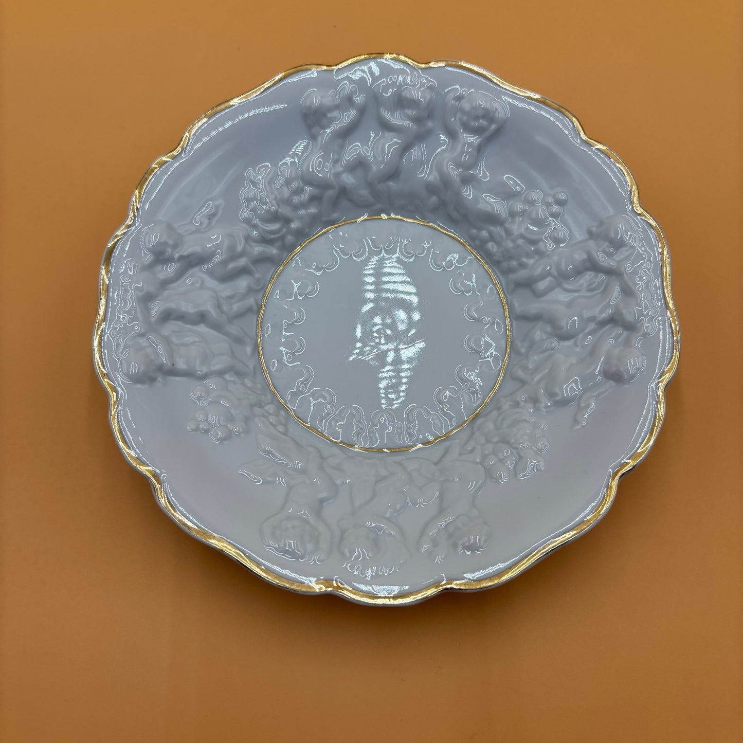 Vintage Embossed Cherub Porcelain Bowl with Gold Trim β 8.25β