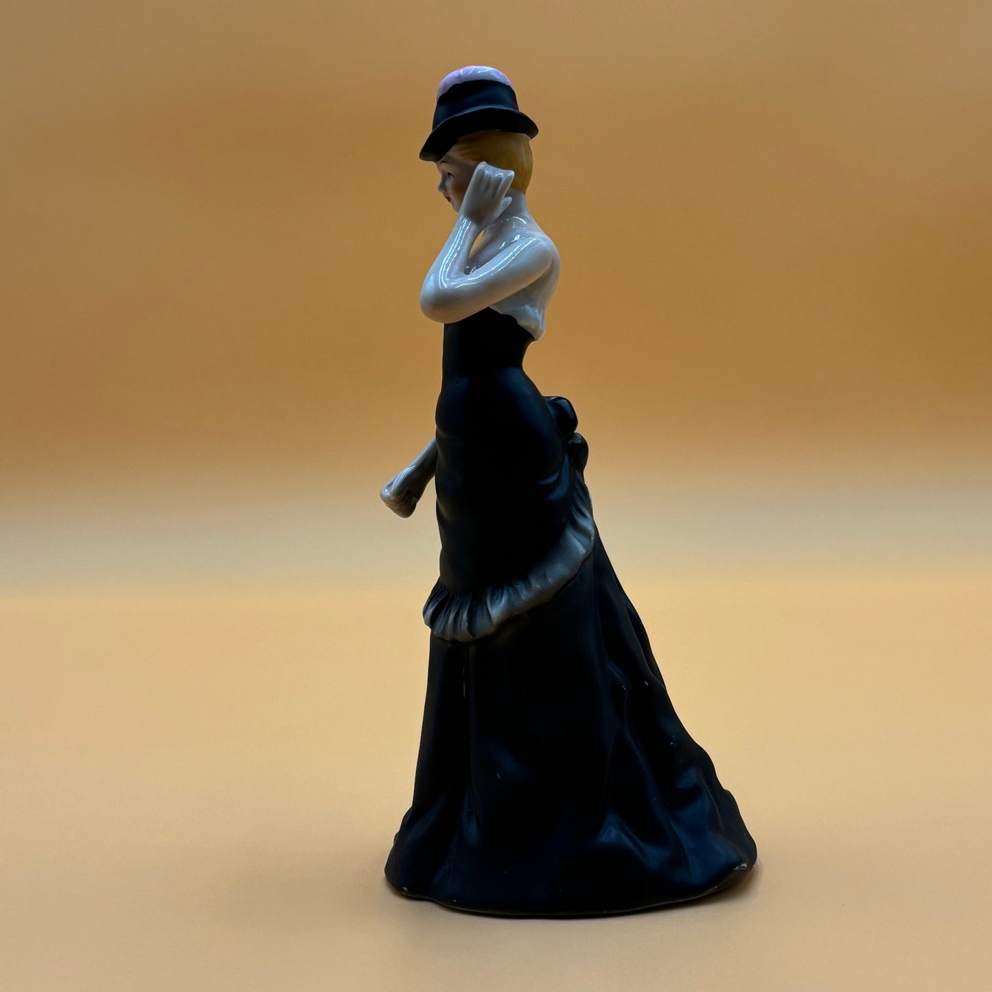 Vintage Porcelain Elegant Lady Figurine in Black Dress with Hat