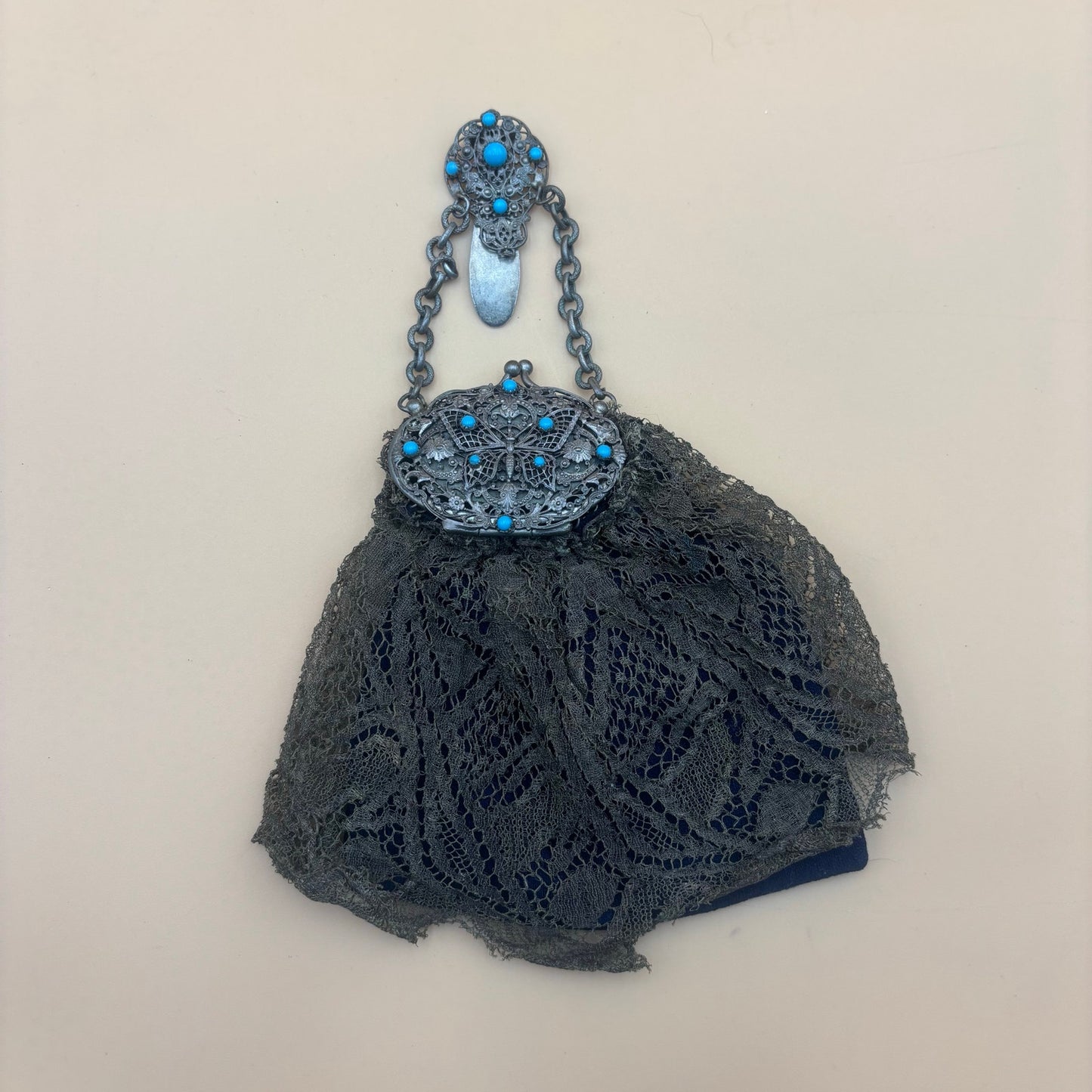 Antique Clip-On Purse with Mirror β Olive Green Lace & Blue Cloth Lining