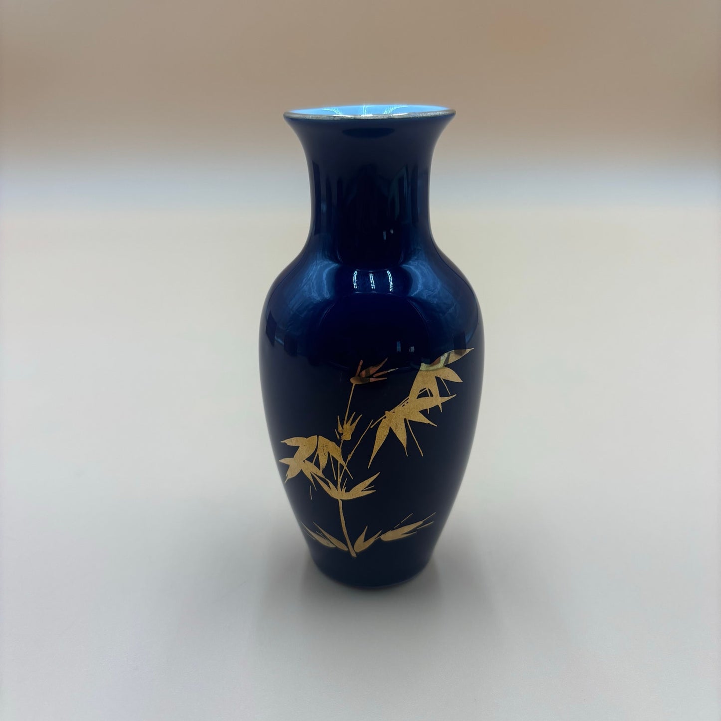 Vintage Cobalt Blue Vase with Gold Bamboo Design β 4.5β Tall