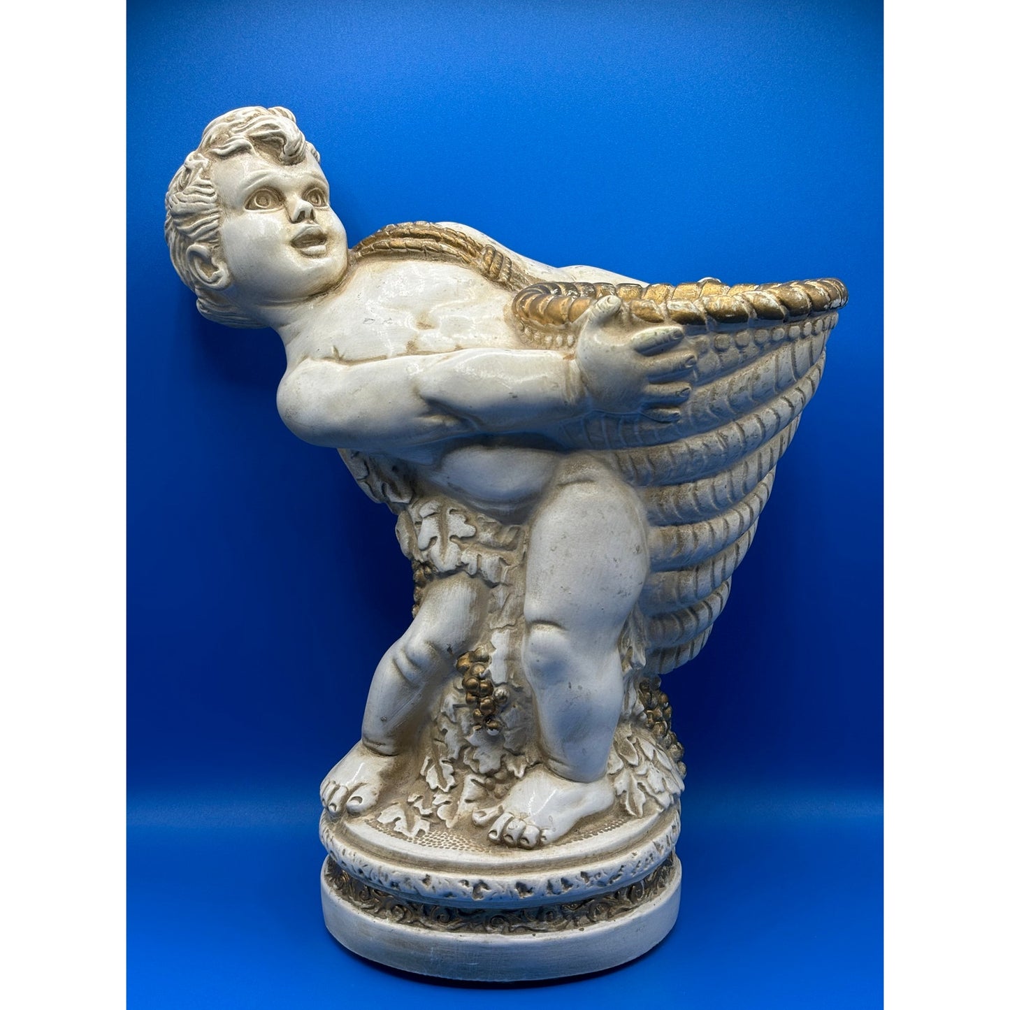 VTG Chalkware Angel Cherub with Cornucopia Garden Statue - Ivory & Gold Accent