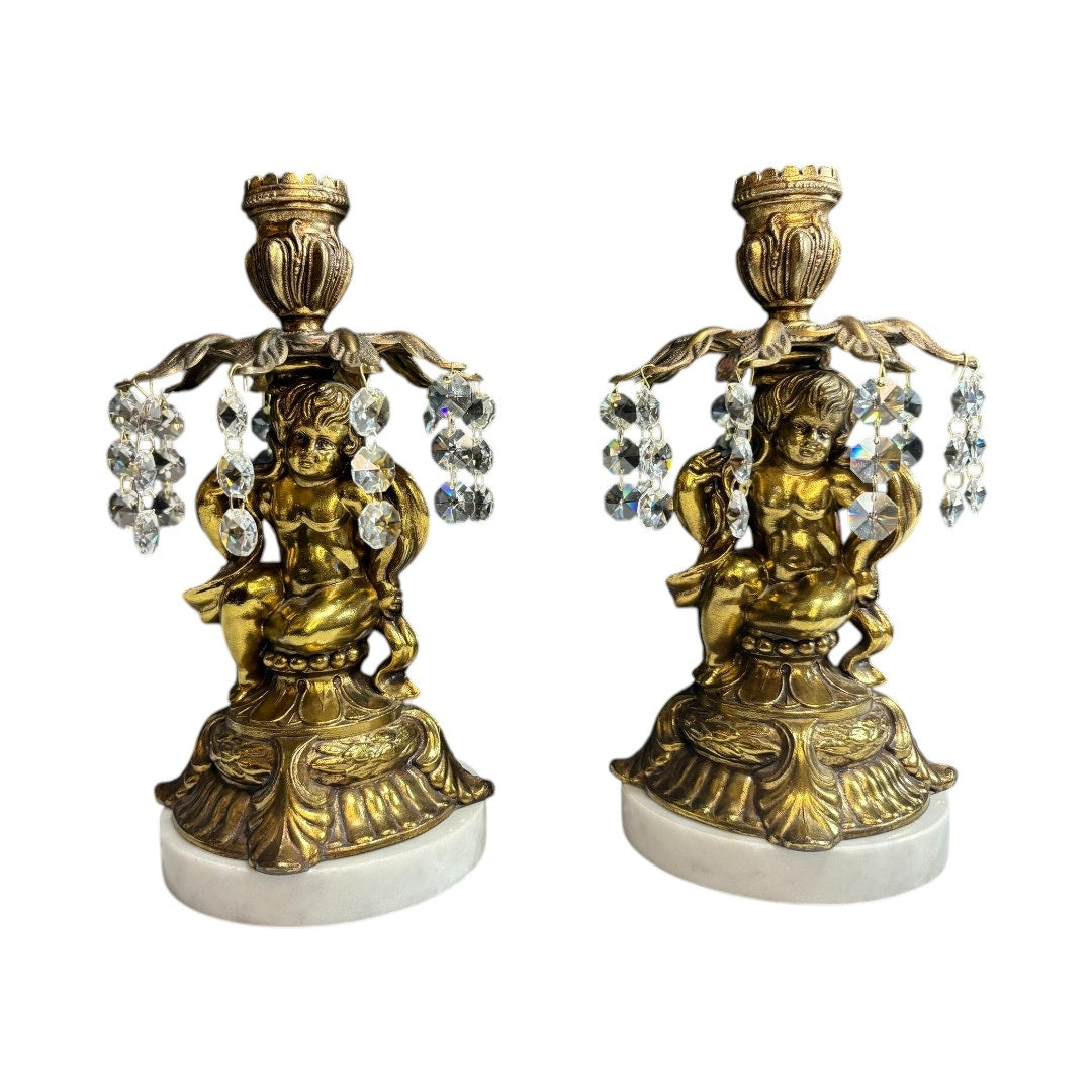 VTG Cherub Candleholders with Marble, Brass, and Crystal Accents Wood Candles