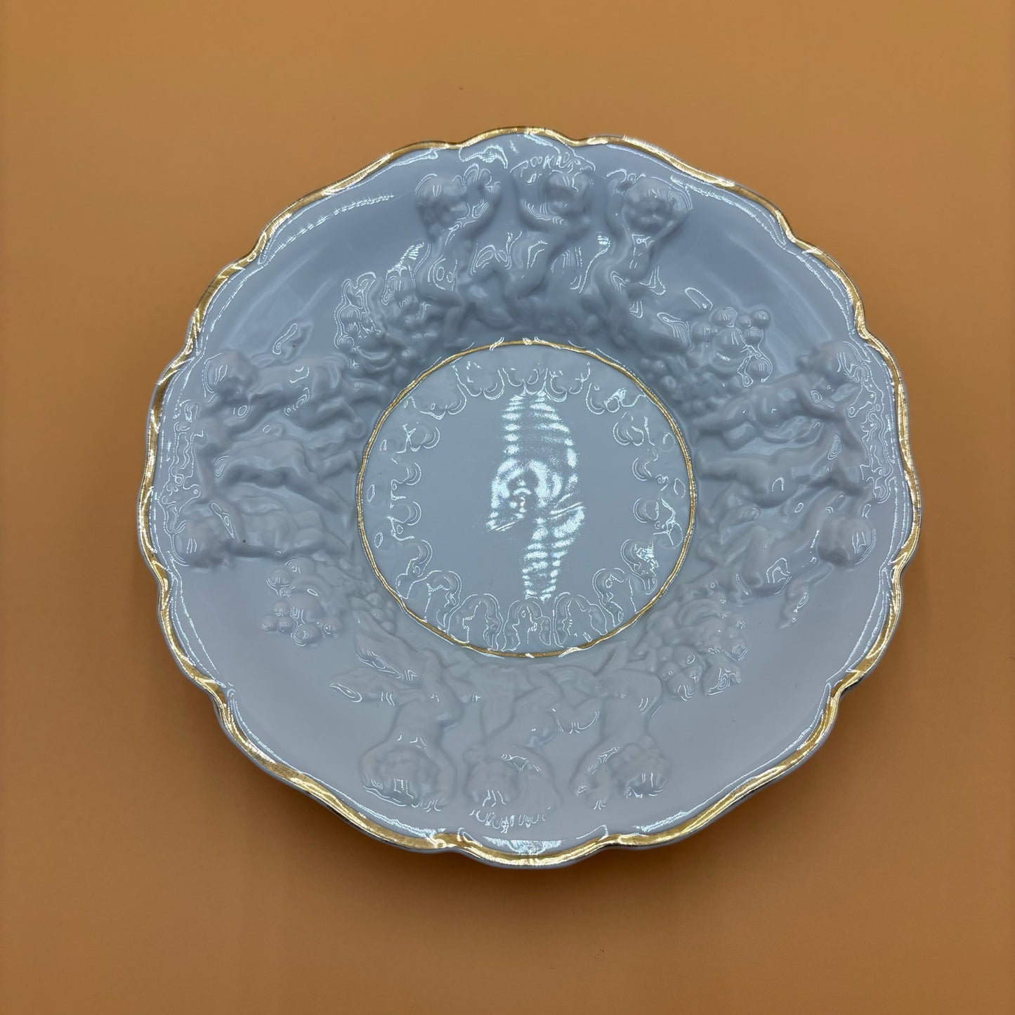 Vintage Embossed Cherub Porcelain Bowl with Gold Trim β 8.25β