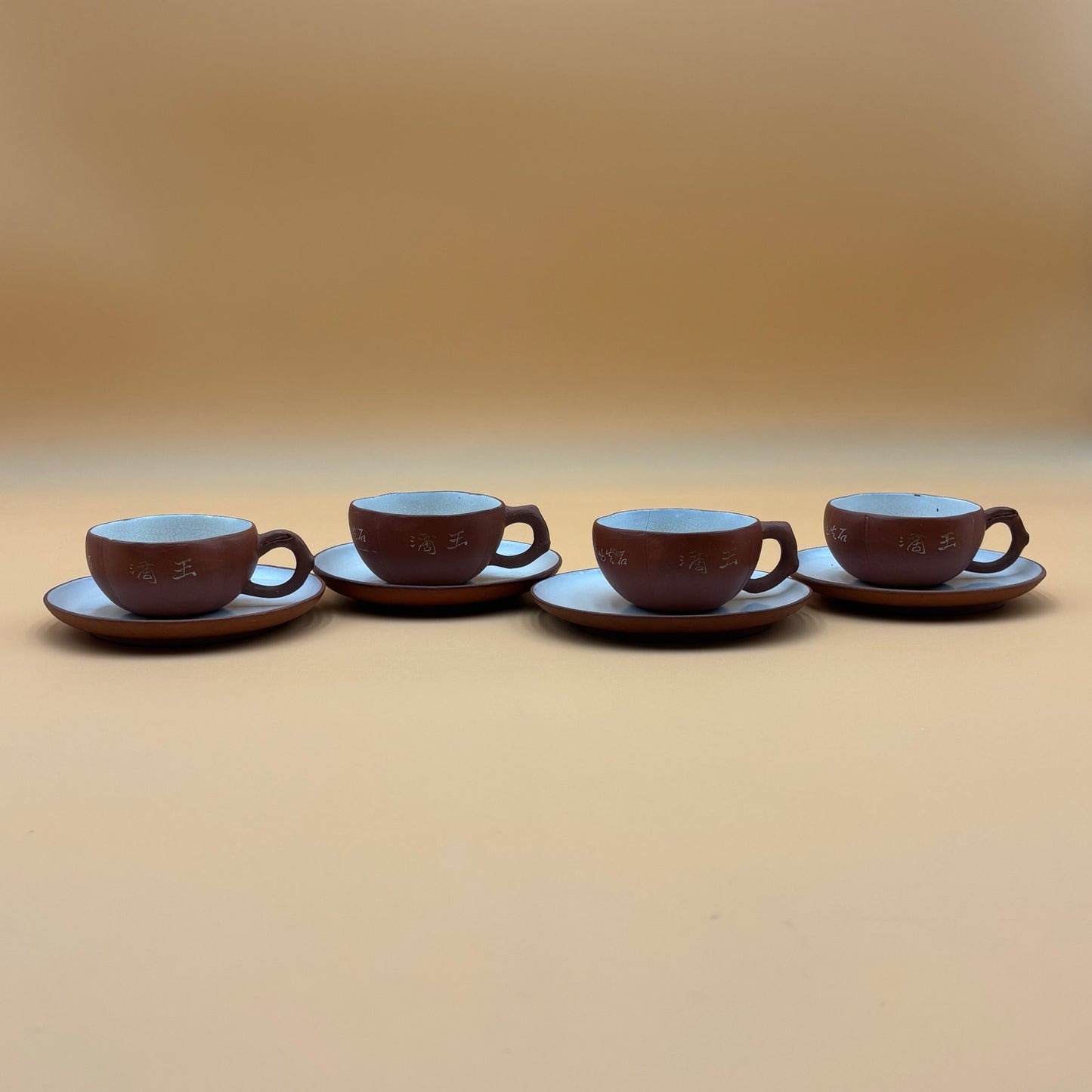 Antique Chinese Yixing-Style Red Clay Teapot Set β 4 Fair Cups & 4 Saucers with Etched Characters