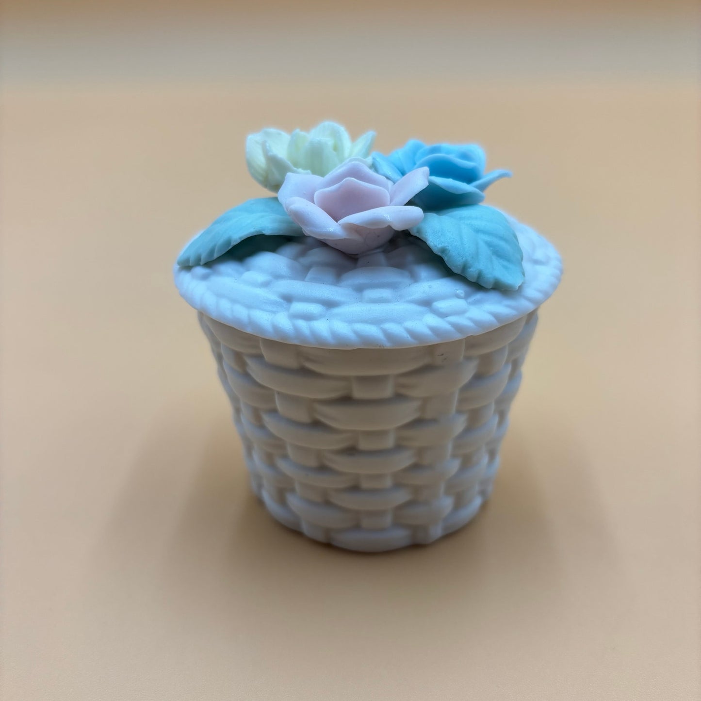 Porcelain Basket with Pastel Floral Lid β White Lattice Design