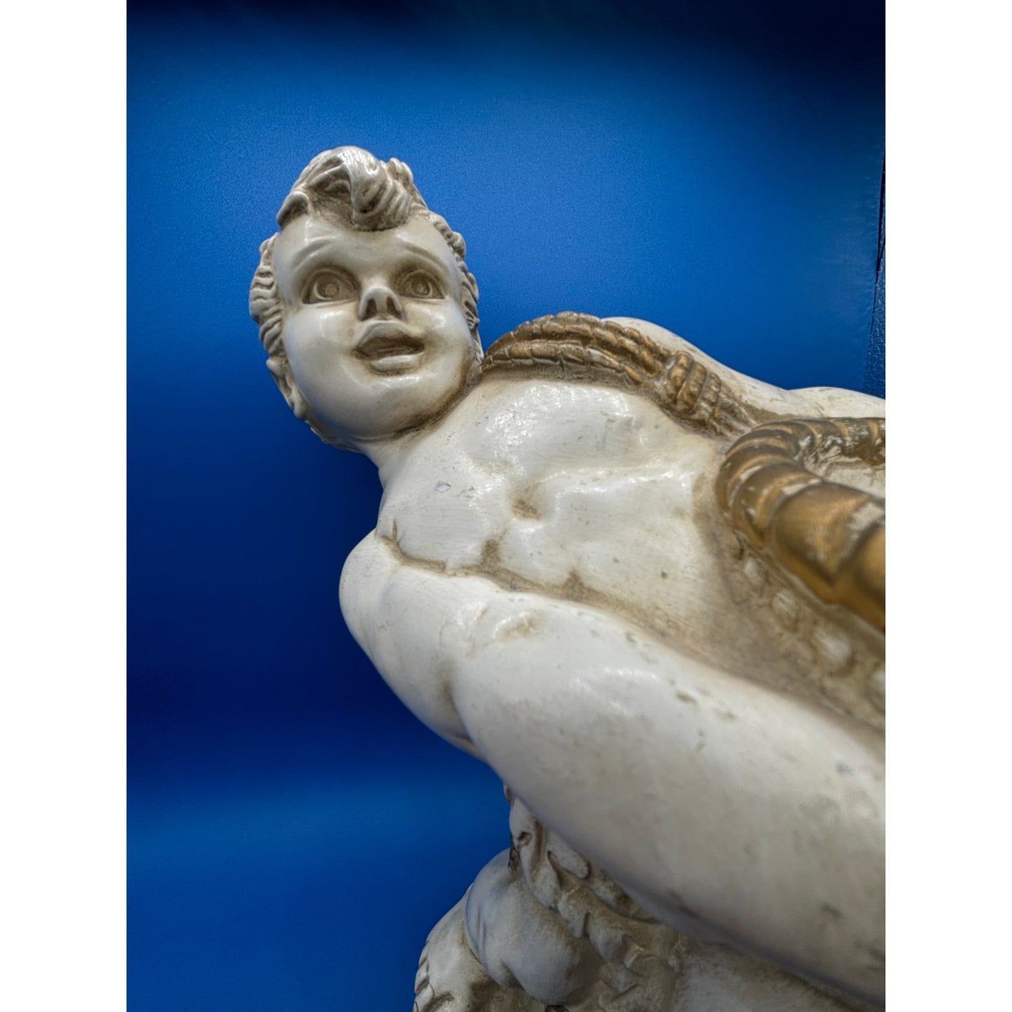 VTG Chalkware Angel Cherub with Cornucopia Garden Statue - Ivory & Gold Accent