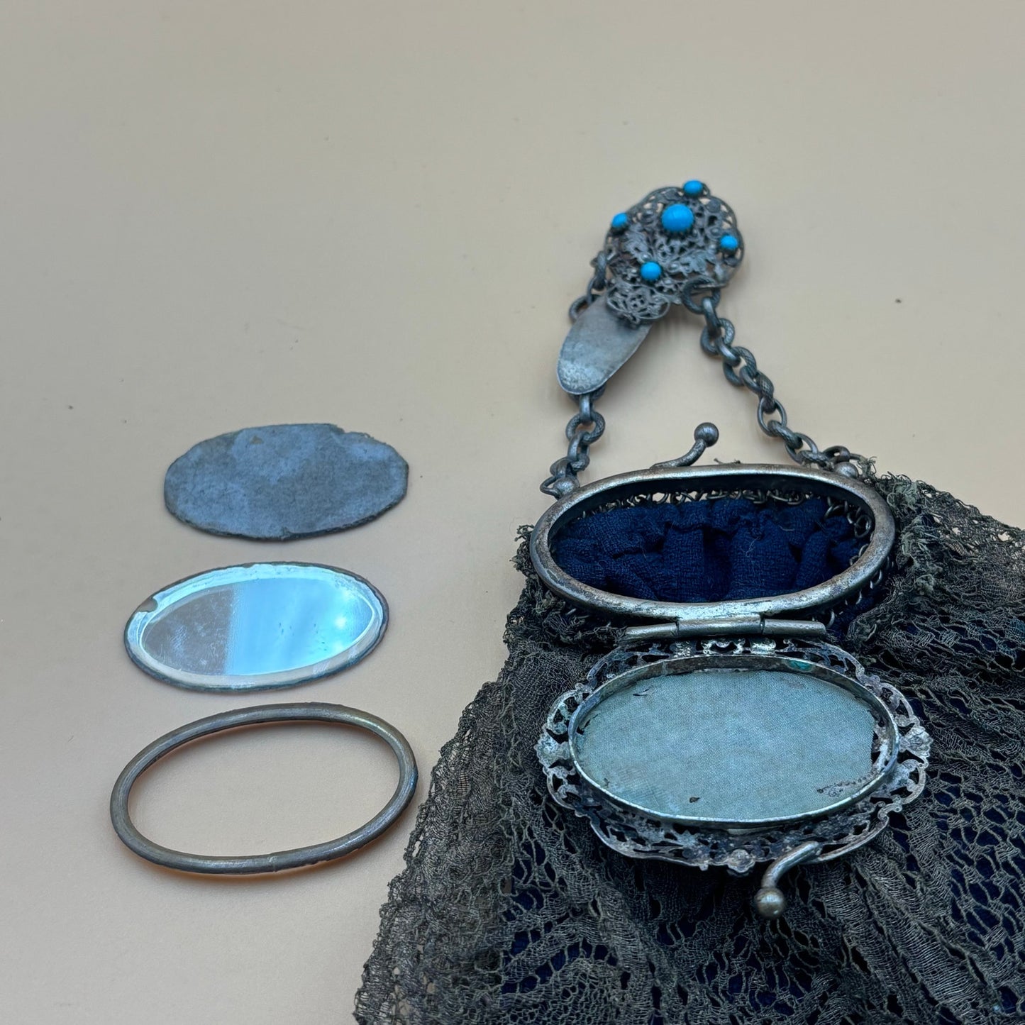 Antique Clip-On Purse with Mirror β Olive Green Lace & Blue Cloth Lining