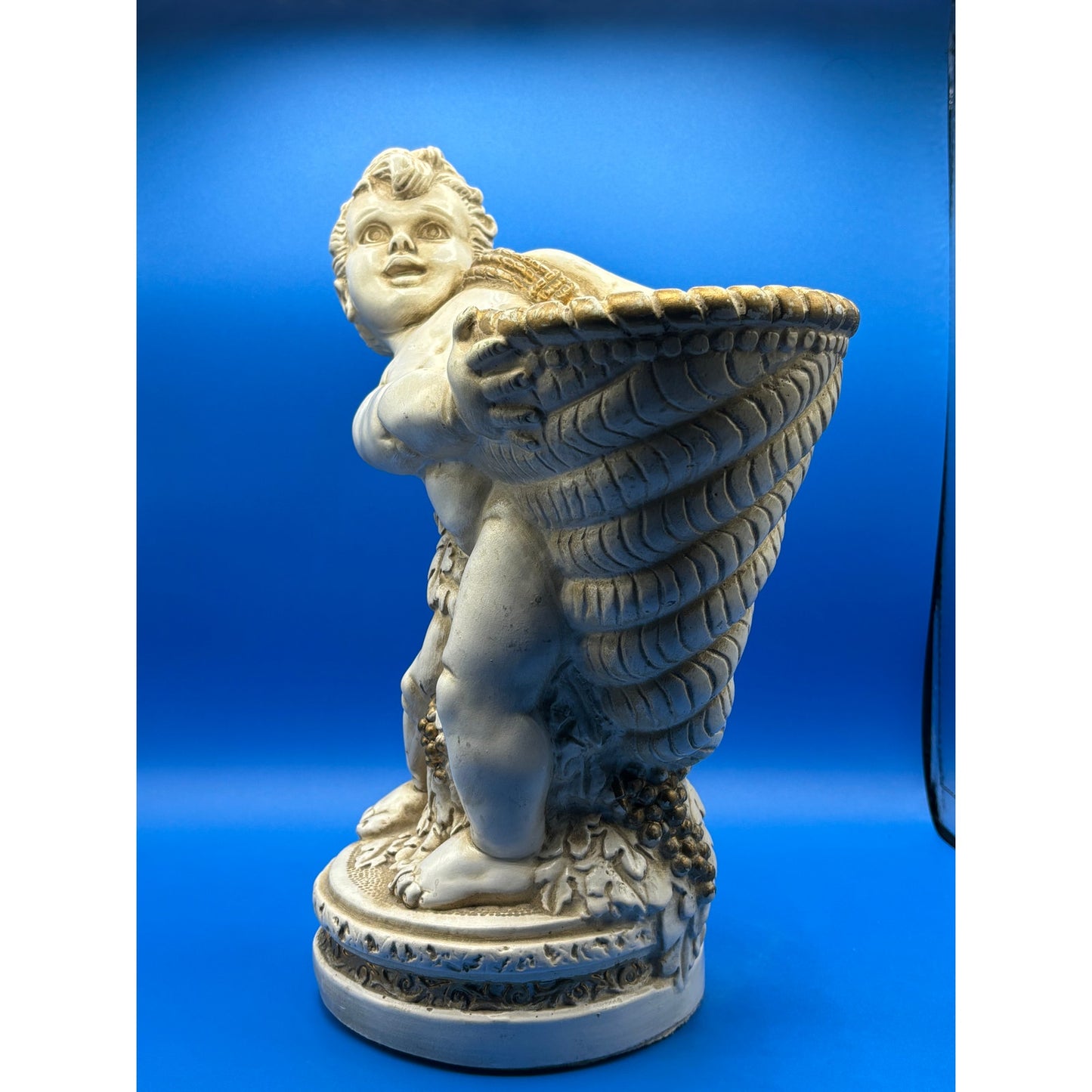 VTG Chalkware Angel Cherub with Cornucopia Garden Statue - Ivory & Gold Accent