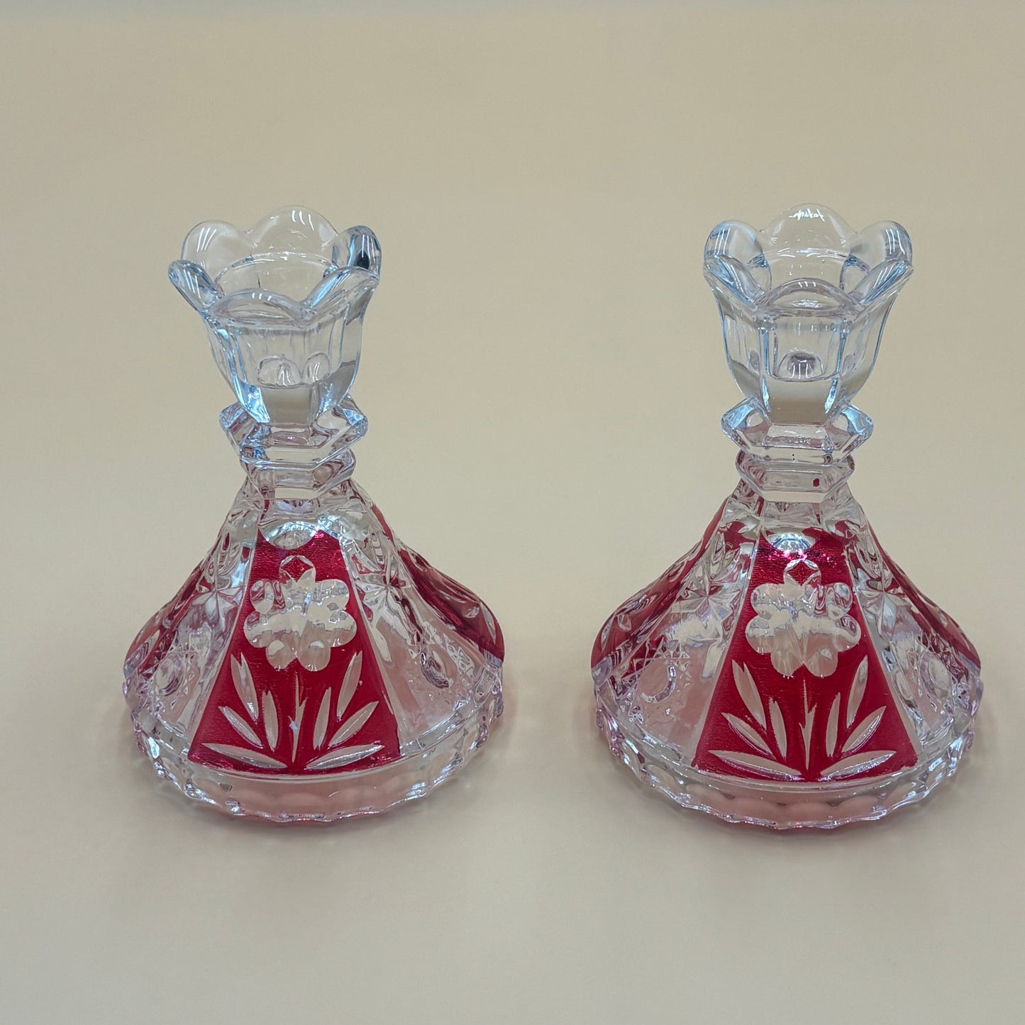 VTG Crystal Taper Candleholders - Ruby Red Cut Glass - Set of 2
