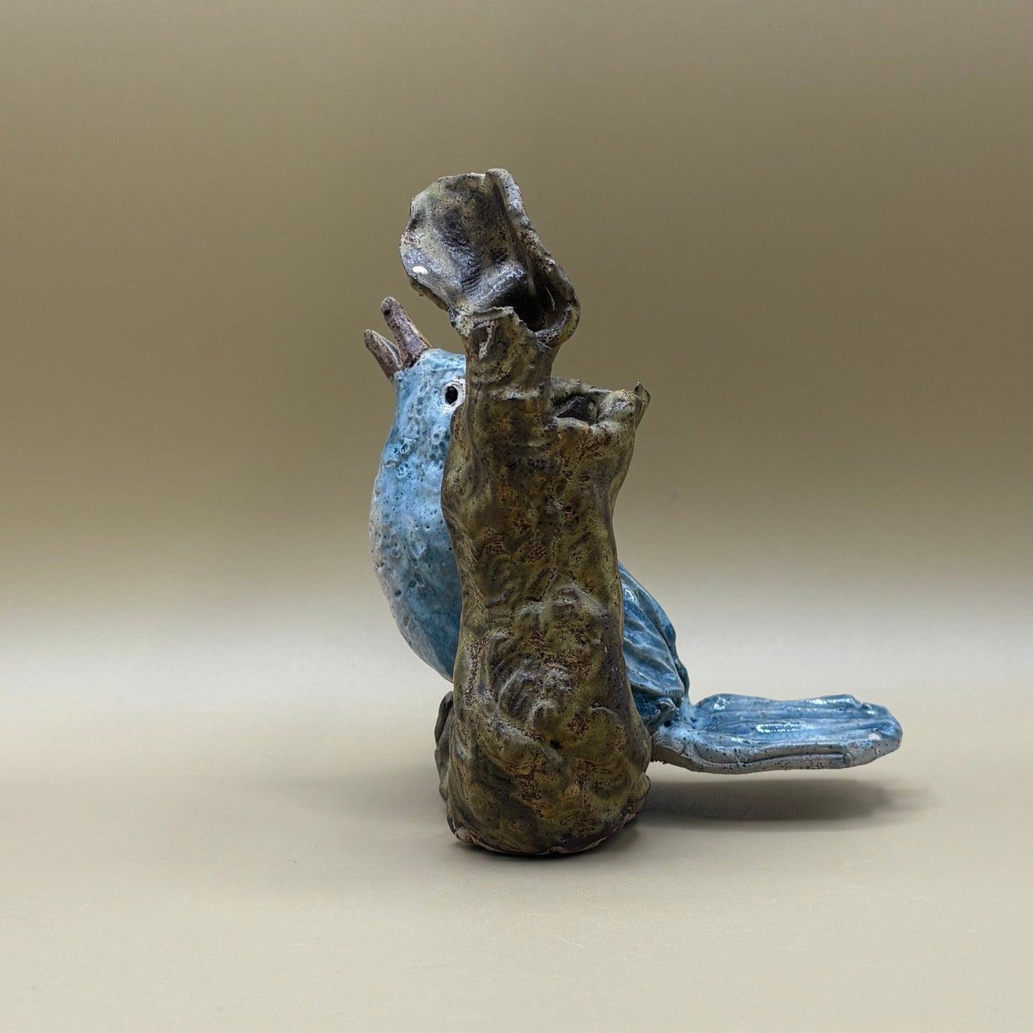 VTG Ceramic Blue Bird Sculpture On Drift Wood