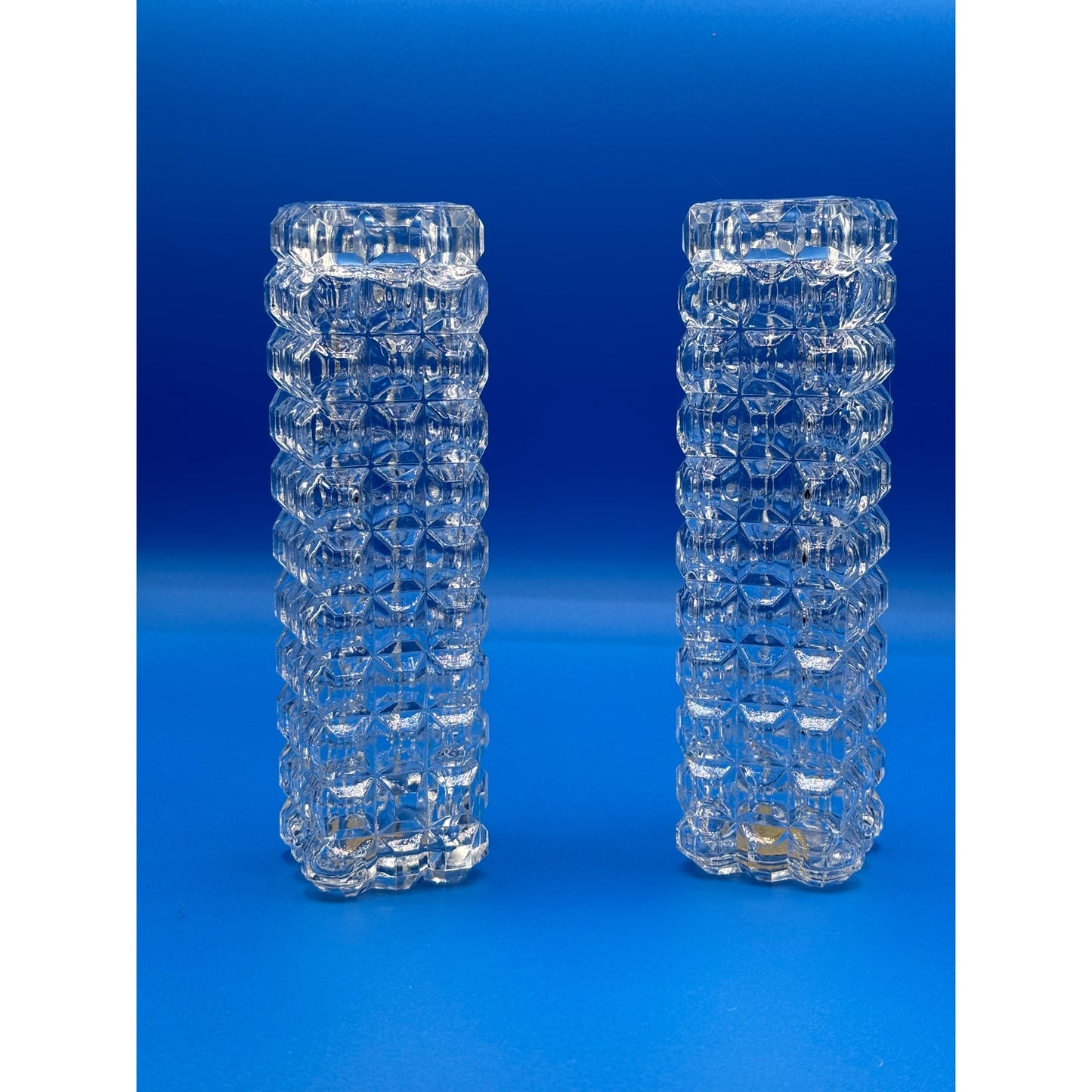 Vintage Square Cut Clear Glass Bud Vase with Block Pattern
