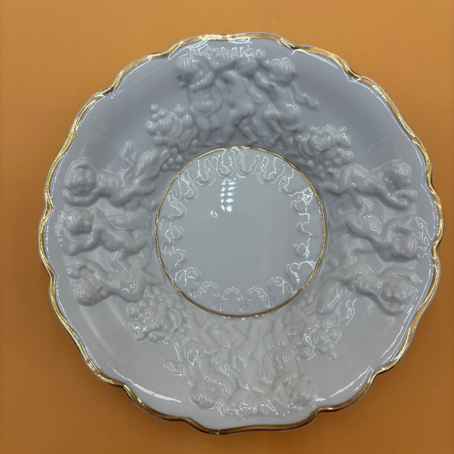 Vintage Embossed Cherub Porcelain Bowl with Gold Trim β 8.25β