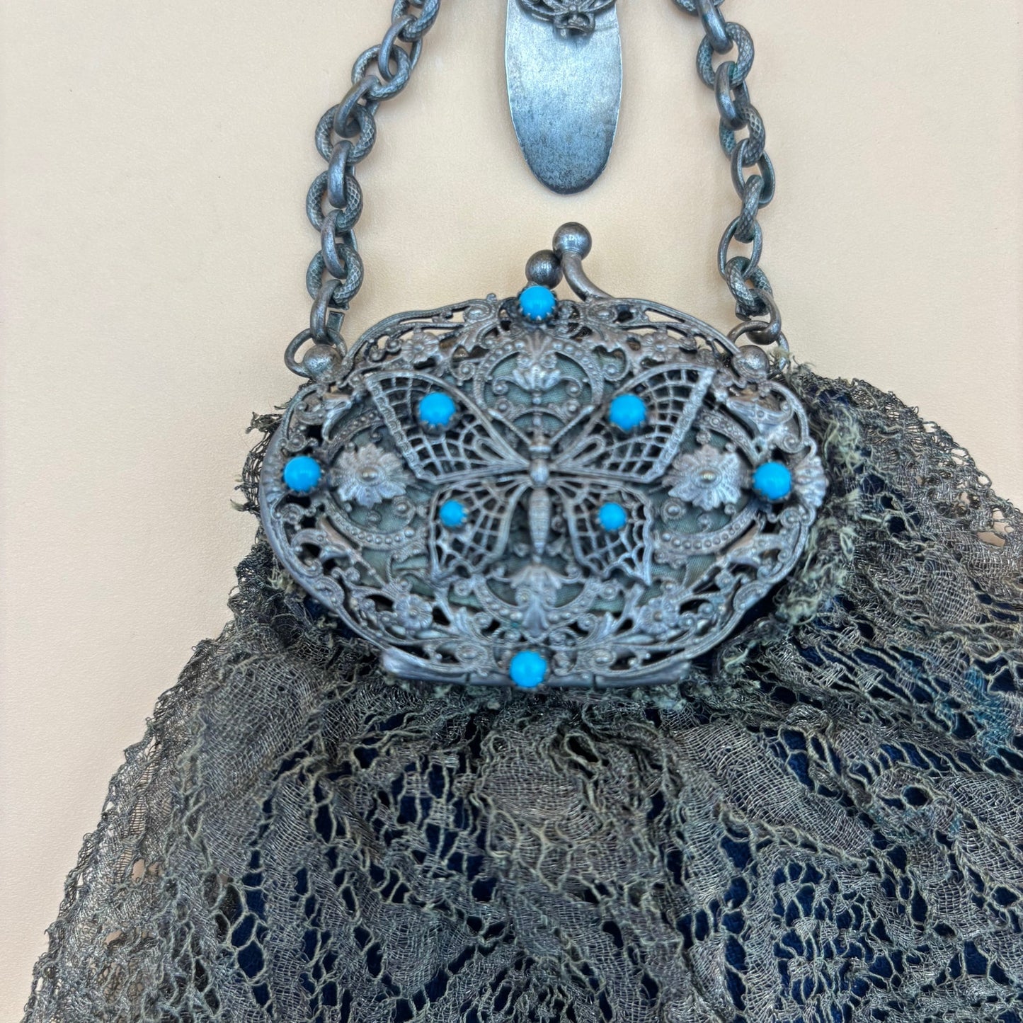 Antique Clip-On Purse with Mirror β Olive Green Lace & Blue Cloth Lining