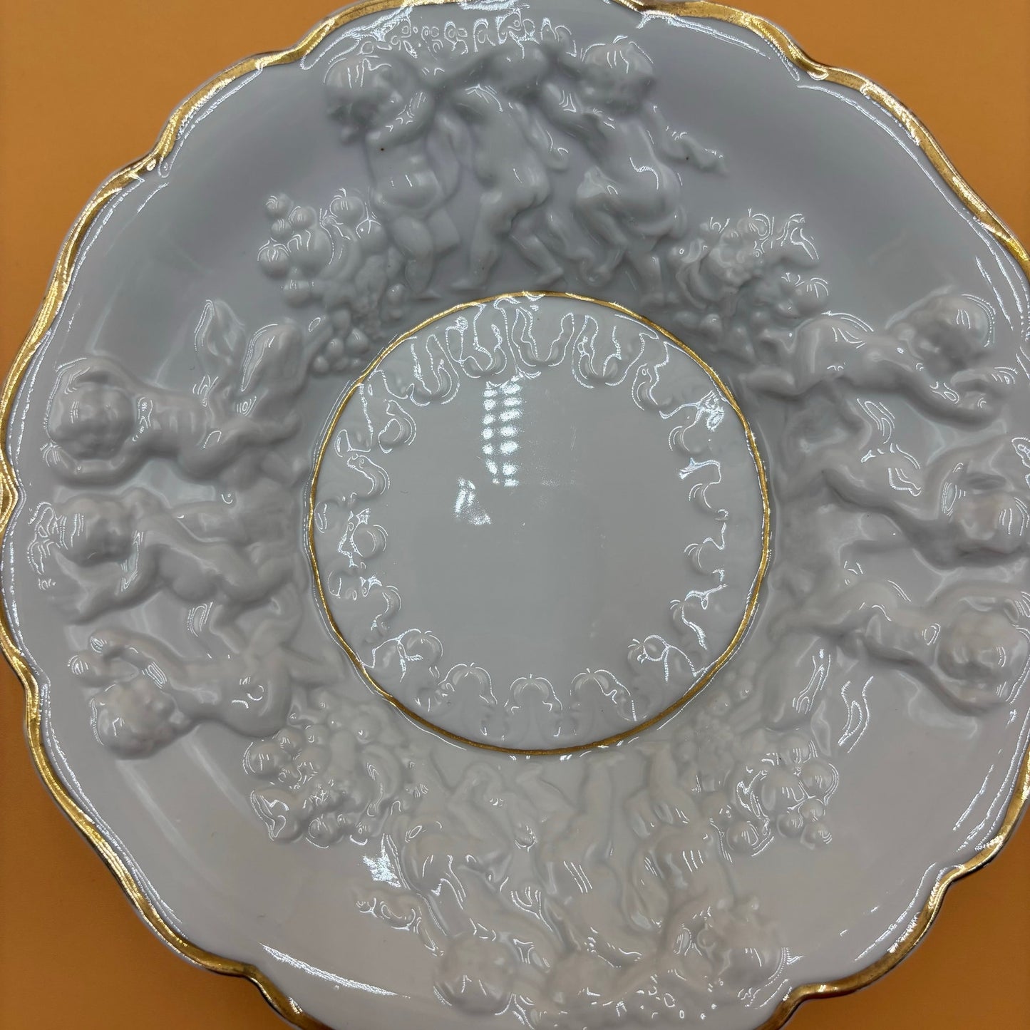 Vintage Embossed Cherub Porcelain Bowl with Gold Trim β 8.25β