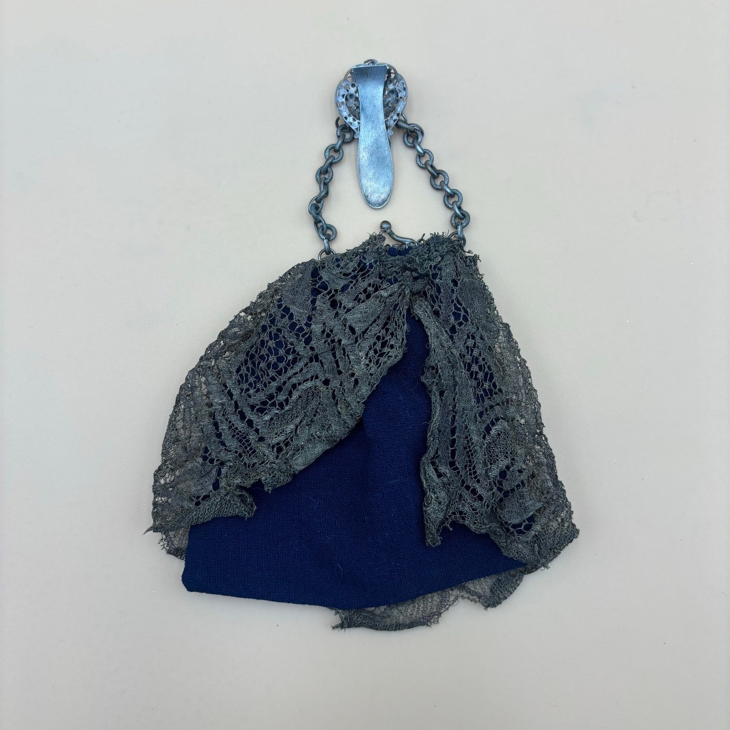 Antique Clip-On Purse with Mirror β Olive Green Lace & Blue Cloth Lining