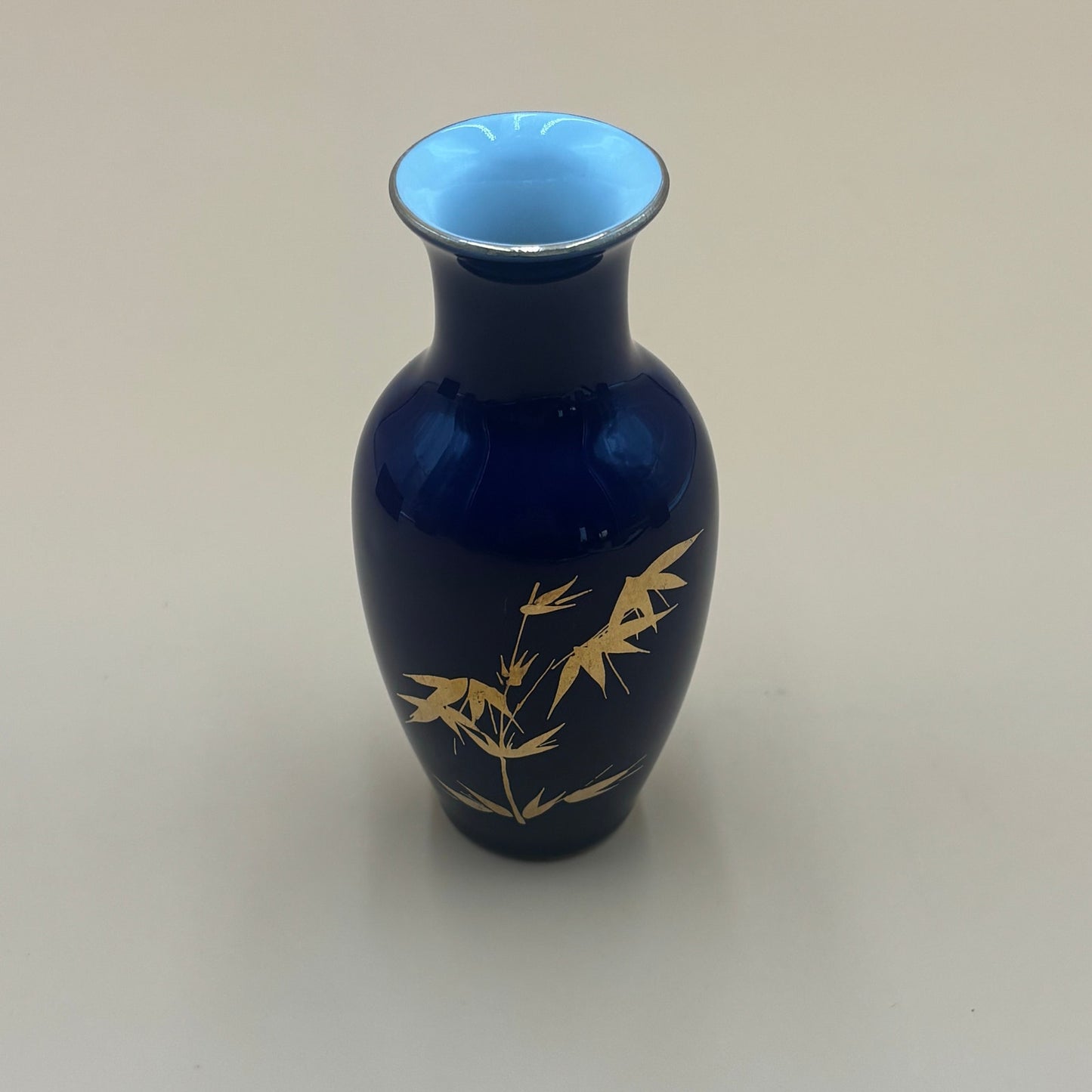 Vintage Cobalt Blue Vase with Gold Bamboo Design β 4.5β Tall