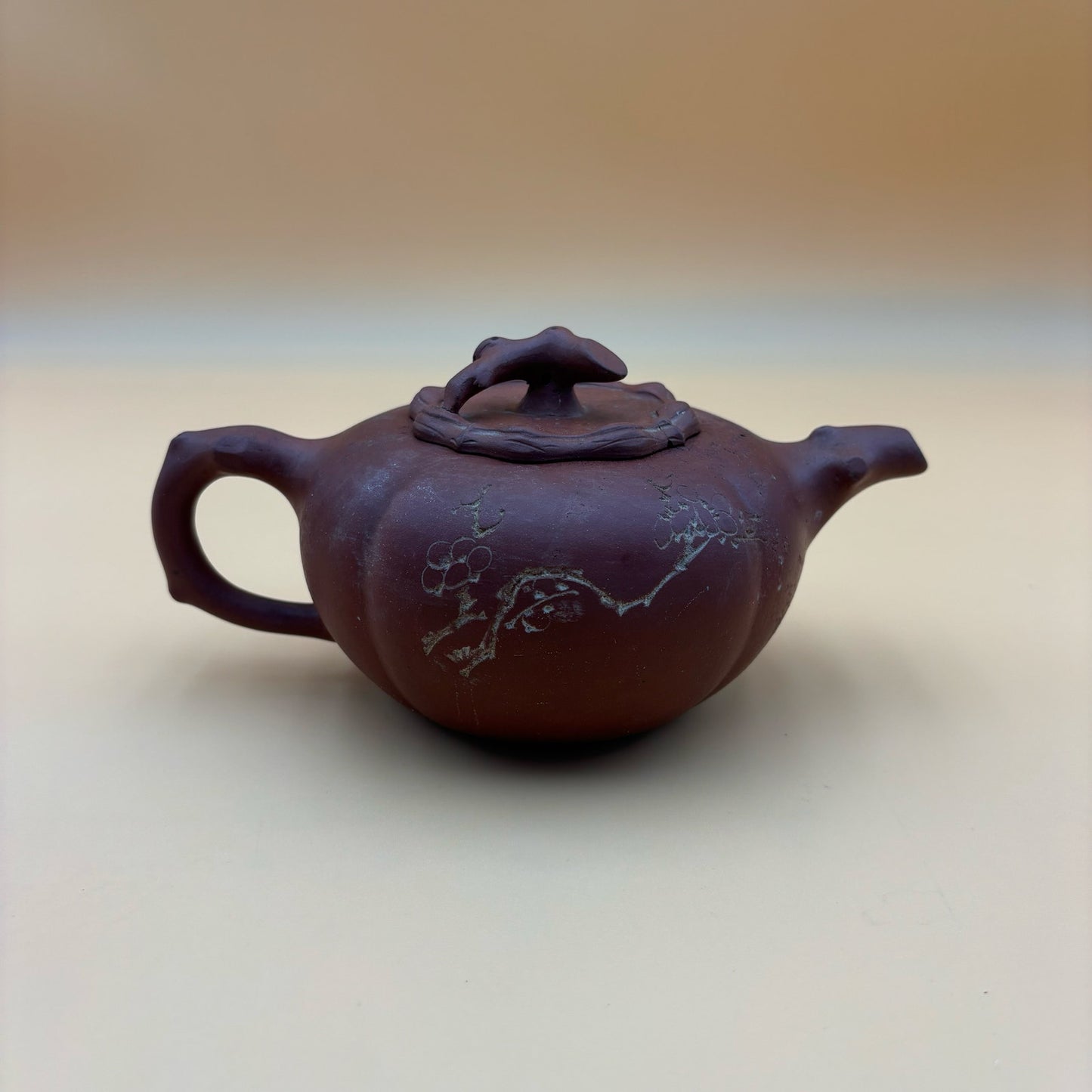 Antique Chinese Yixing-Style Red Clay Teapot Set β 4 Fair Cups & 4 Saucers with Etched Characters