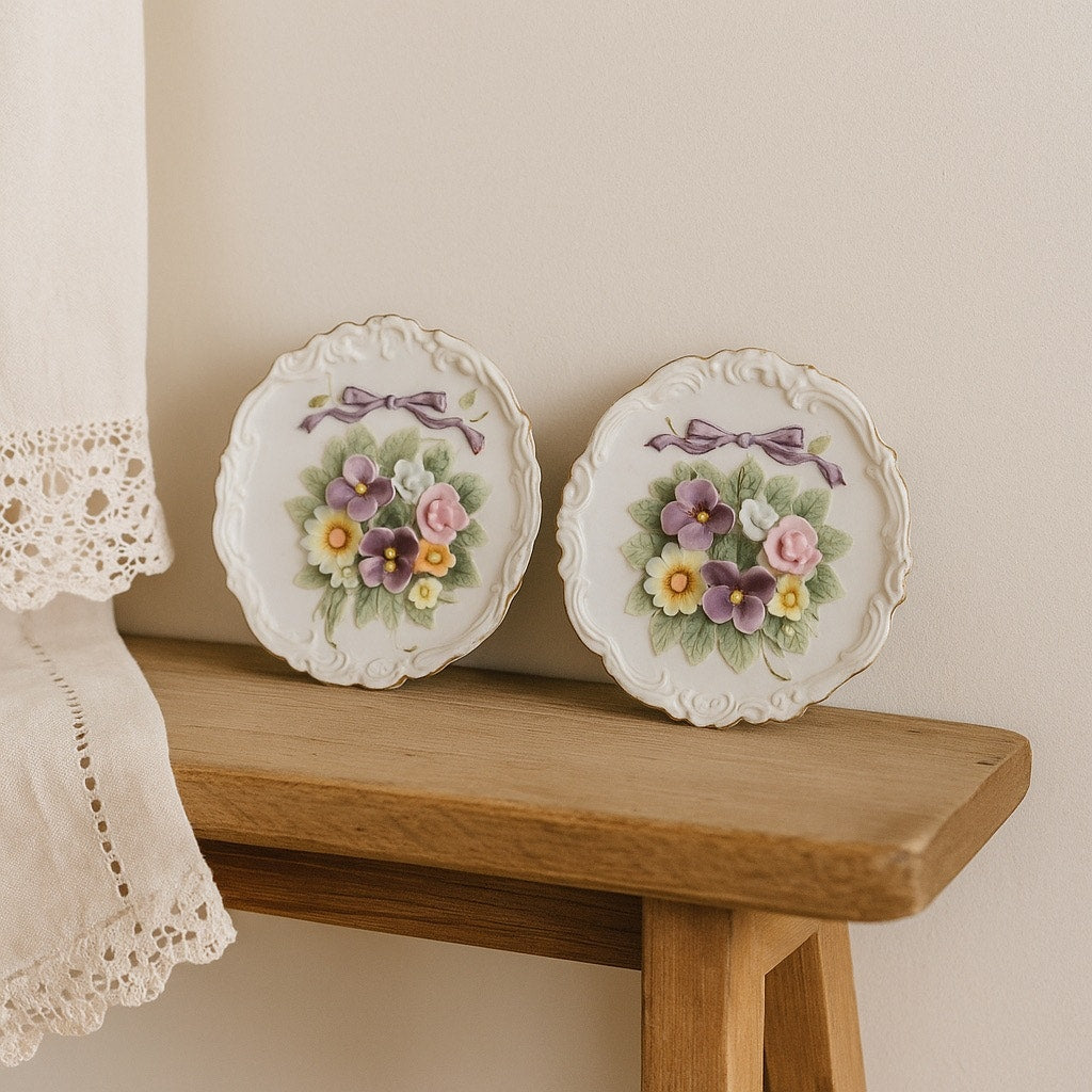 Set of 2 Vintage Lefton China Floral Wall Plaques β Hand Painted β KW4743