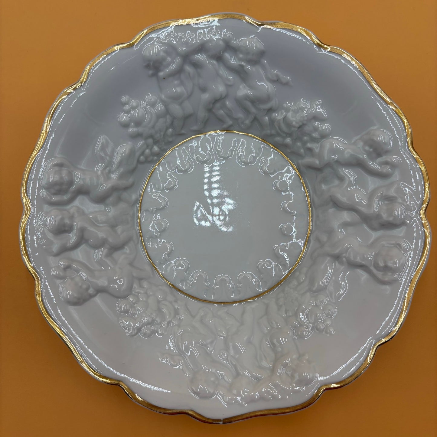 Vintage Embossed Cherub Porcelain Bowl with Gold Trim β 8.25β