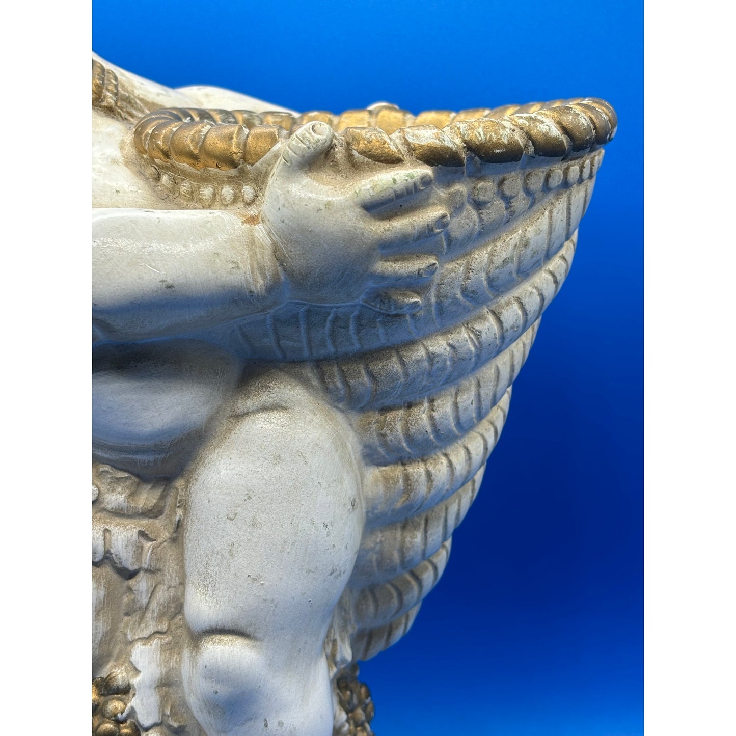 VTG Chalkware Angel Cherub with Cornucopia Garden Statue - Ivory & Gold Accent