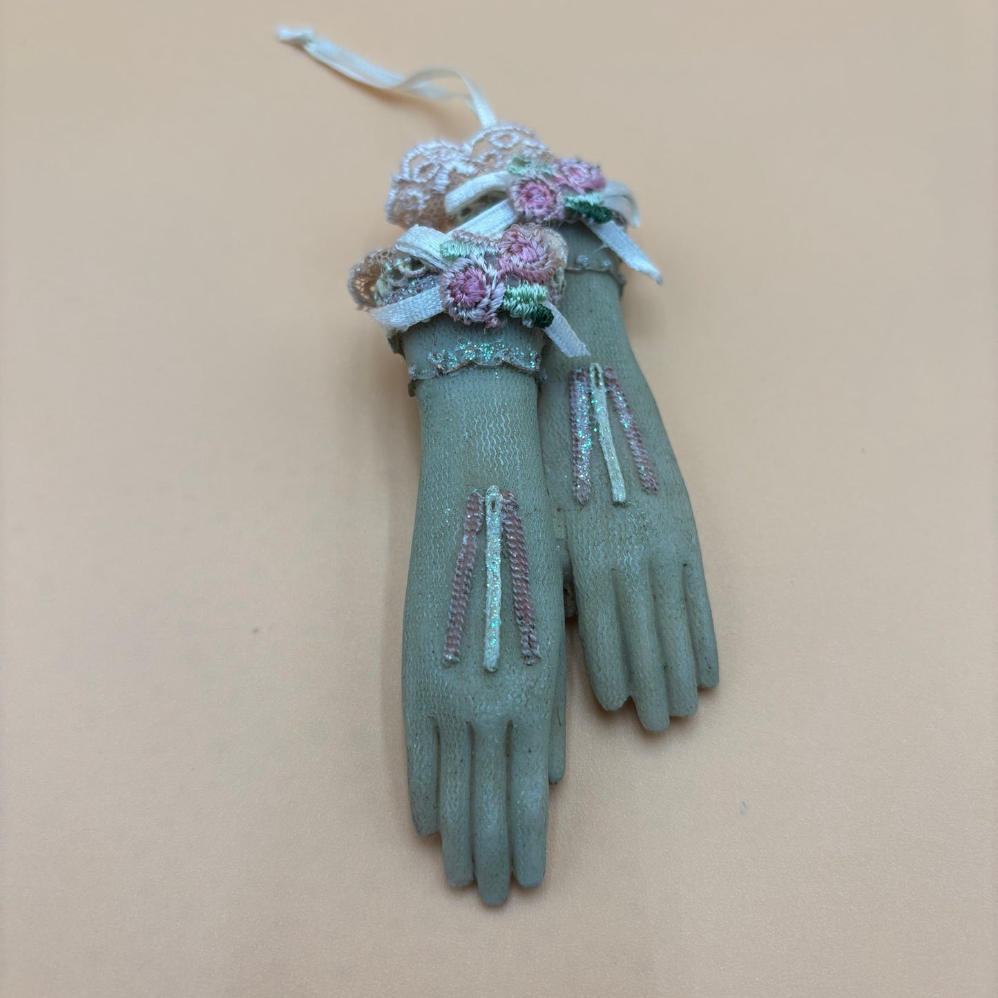 Vintage Victorian Glove Ornament with Lace and Embroidery