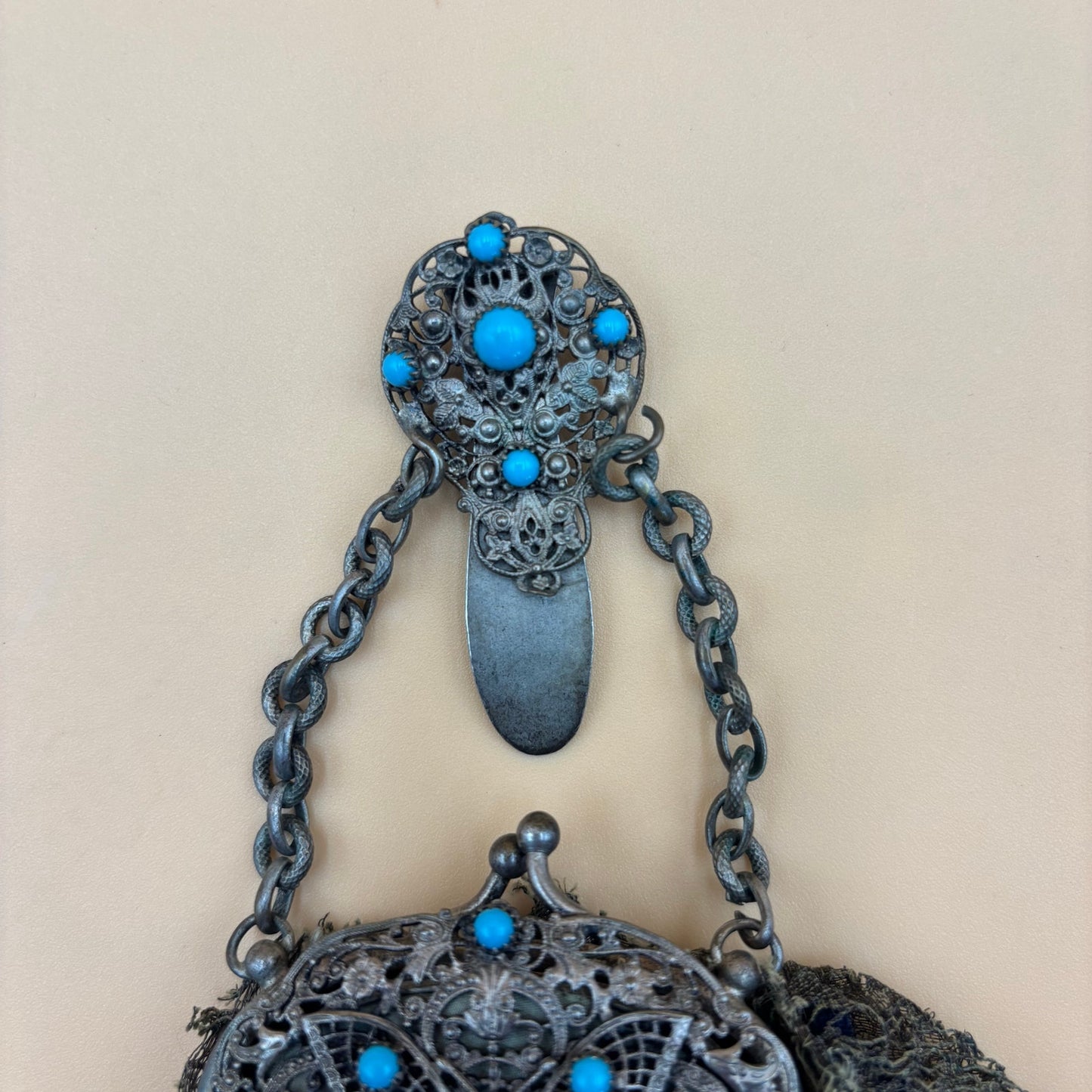 Antique Clip-On Purse with Mirror β Olive Green Lace & Blue Cloth Lining
