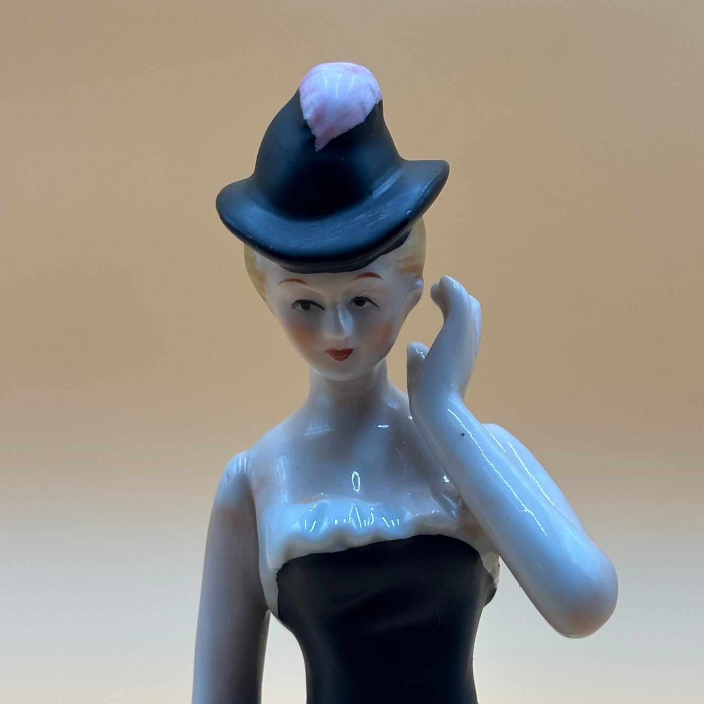 Vintage Porcelain Elegant Lady Figurine in Black Dress with Hat