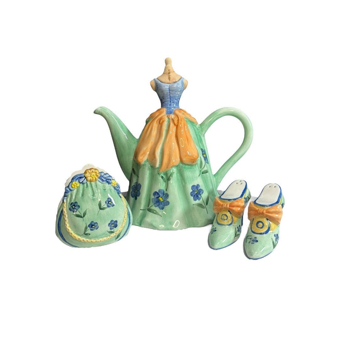 Vintage Woman Tea Pot High Heal Salt and Pepper Shakers with Napkin Holder Set