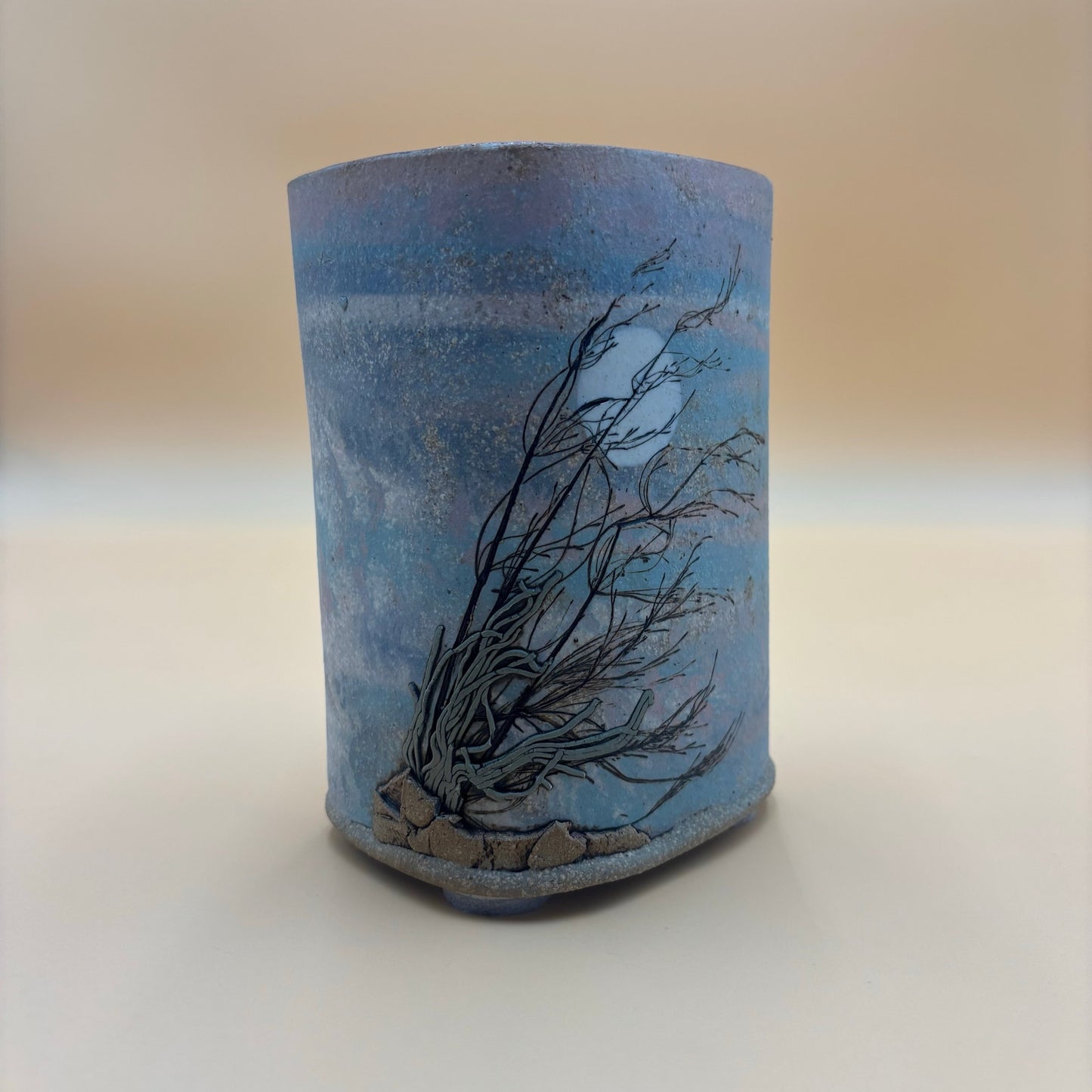 Handmade Ceramic Vase – Etched Tree & Moon Design (6.5” Tall)