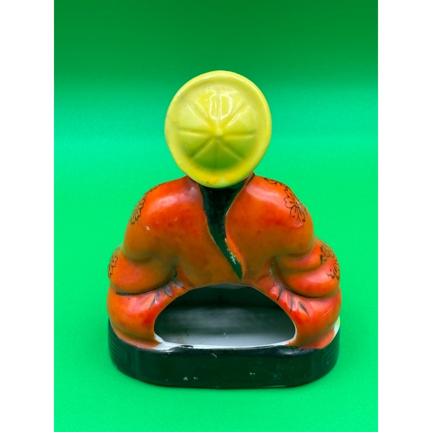 VTG Chinese Porcelain Incense Holder - Colorful Man with Green Basket - 3.25" Tall
