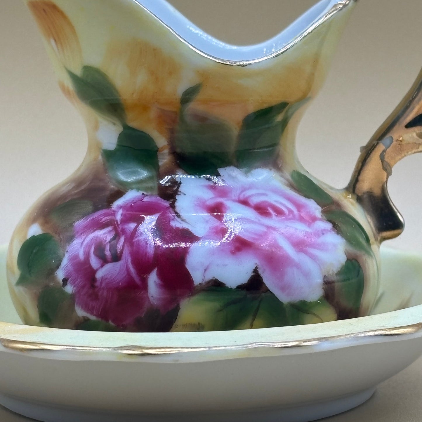 Vintage Enesco® Porcelain Mini Pitcher and Bowl Wash Basin Set w/Pink Roses E2359