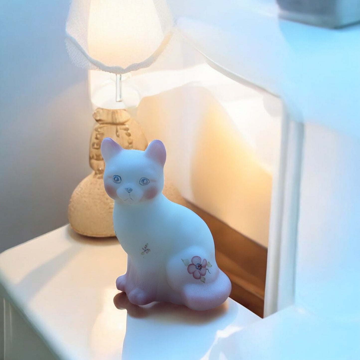 Vintage Fenton Satin Glass Cat Figurine – Hand-Painted & Signed by Artist