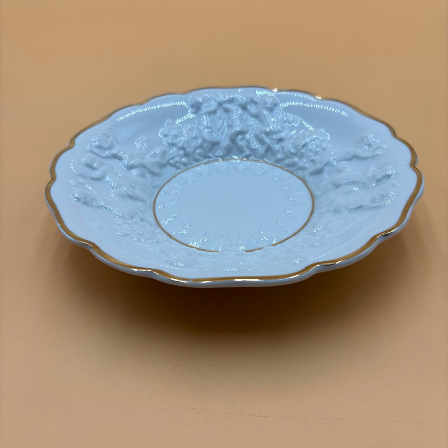 Vintage Embossed Cherub Porcelain Bowl with Gold Trim β 8.25β