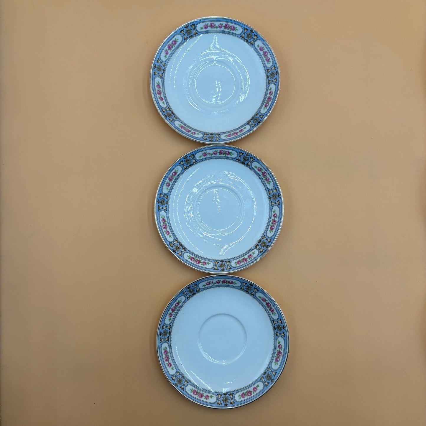 8 Antique Grindley England Saucers - Blue Rose Border c.1900-1921