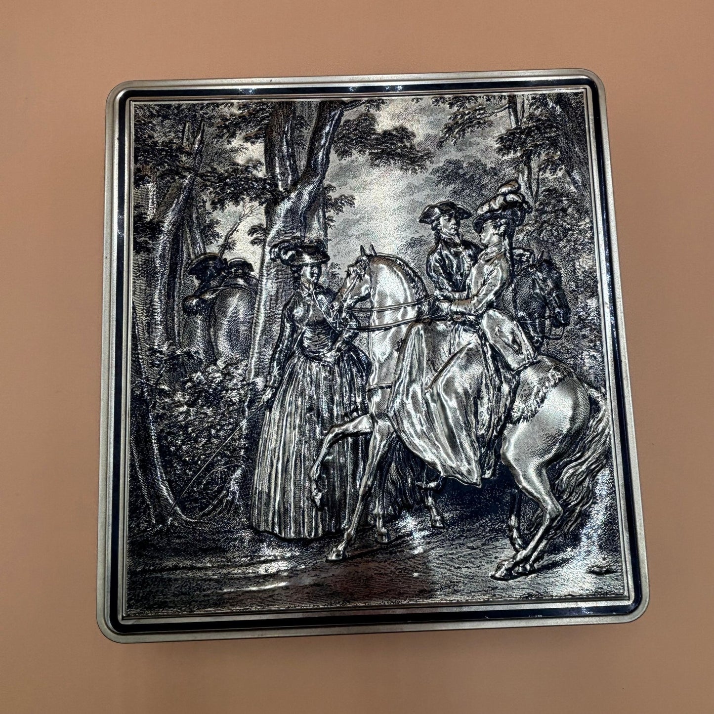 VTG French Victorian Biscuit Tin - Gold Embossed Scene