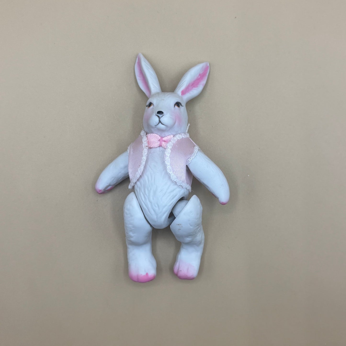 Vintage White Porcelain Jointed 4.5" Bunny Figurine with Pink Vest