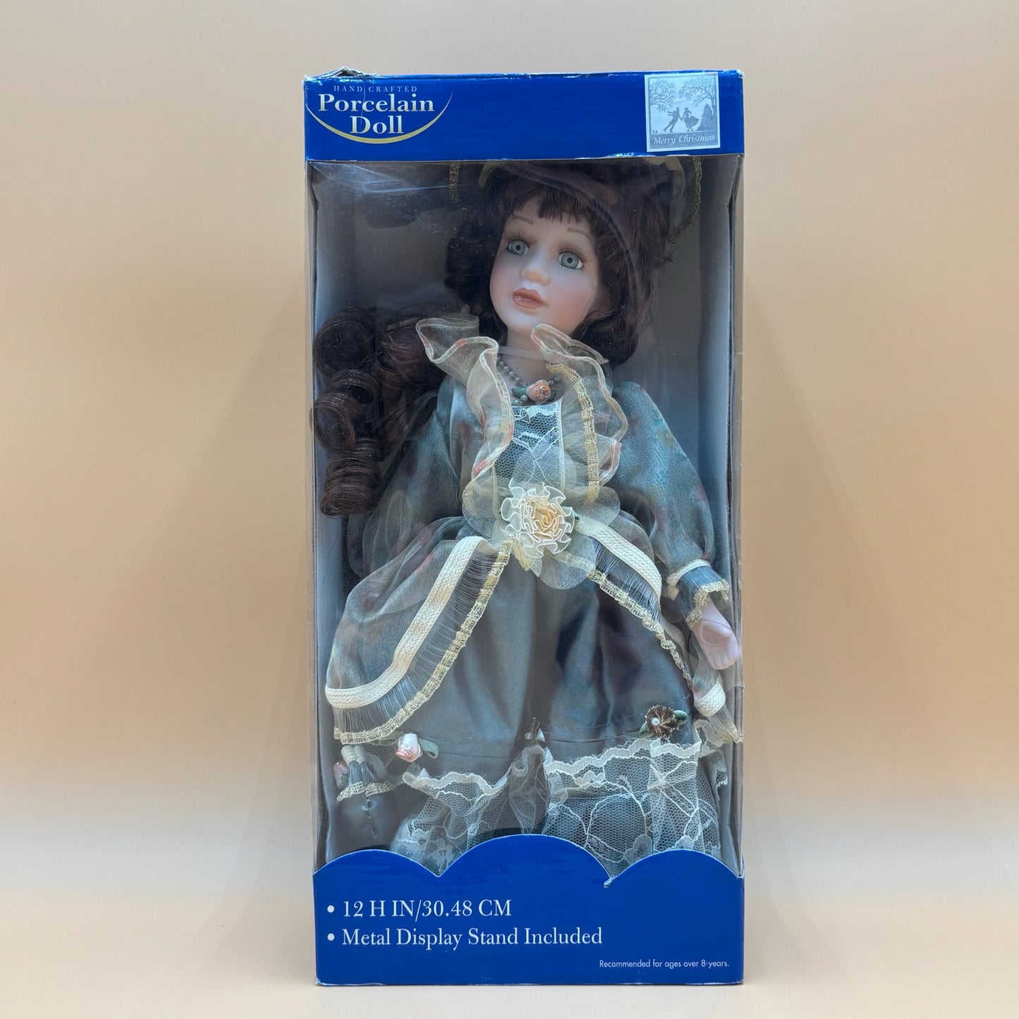 Vintage Porcelain Doll in Sage Green & Gold Dress 12"