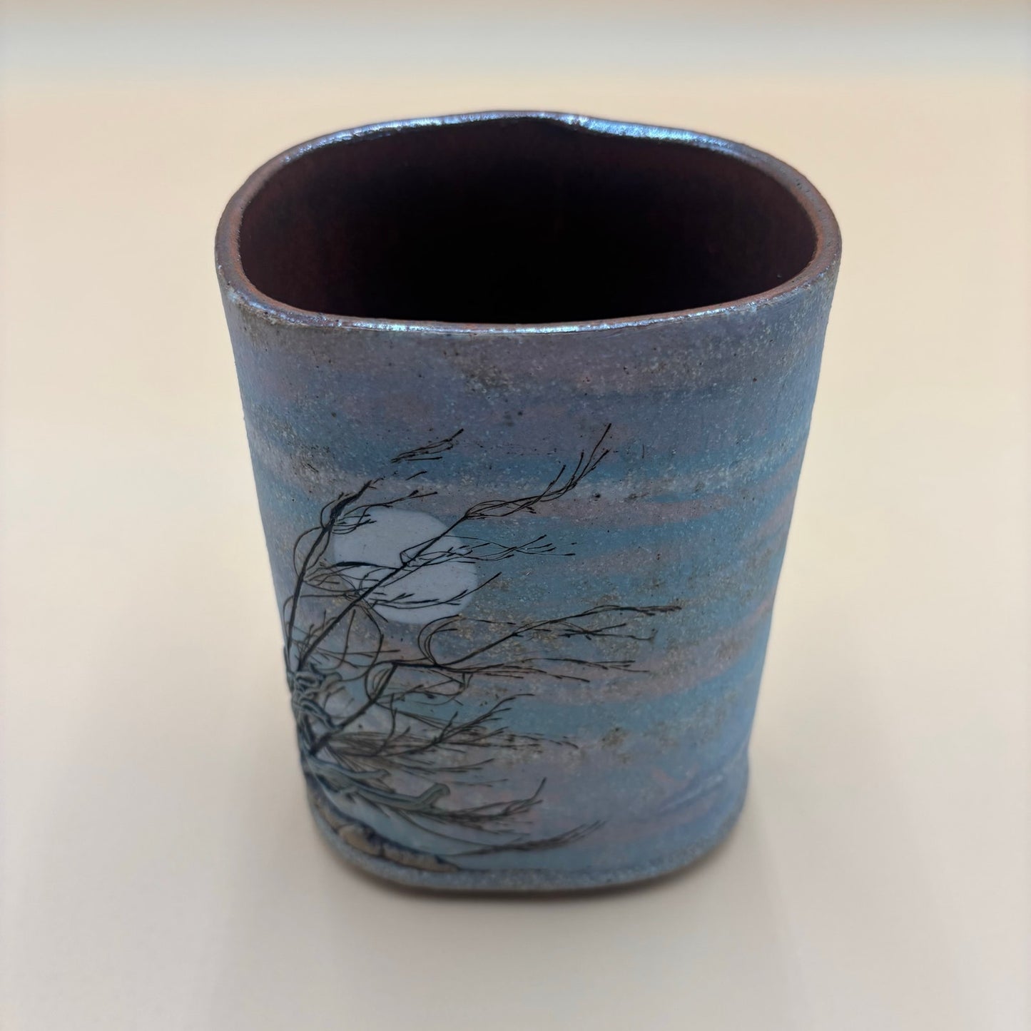 Handmade Ceramic Vase – Etched Tree & Moon Design (6.5” Tall)