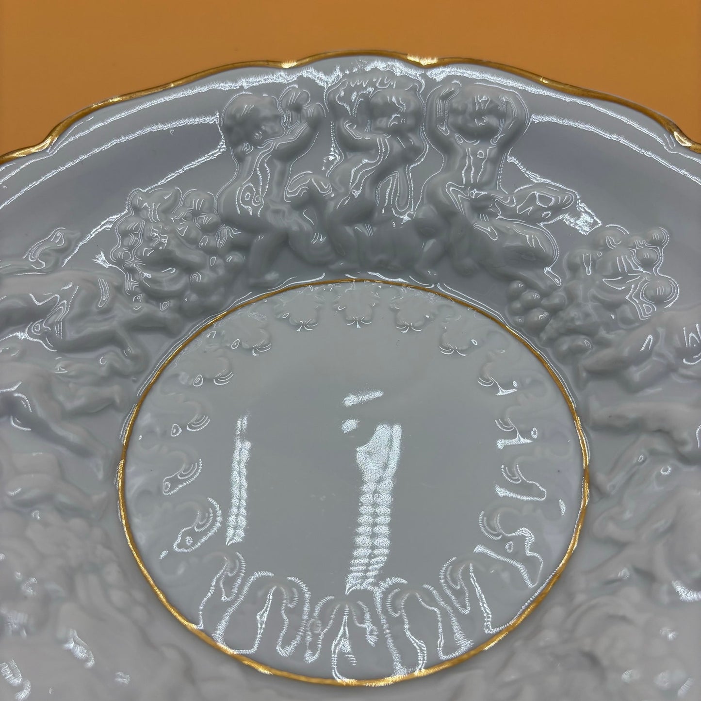Vintage Embossed Cherub Porcelain Bowl with Gold Trim β 8.25β