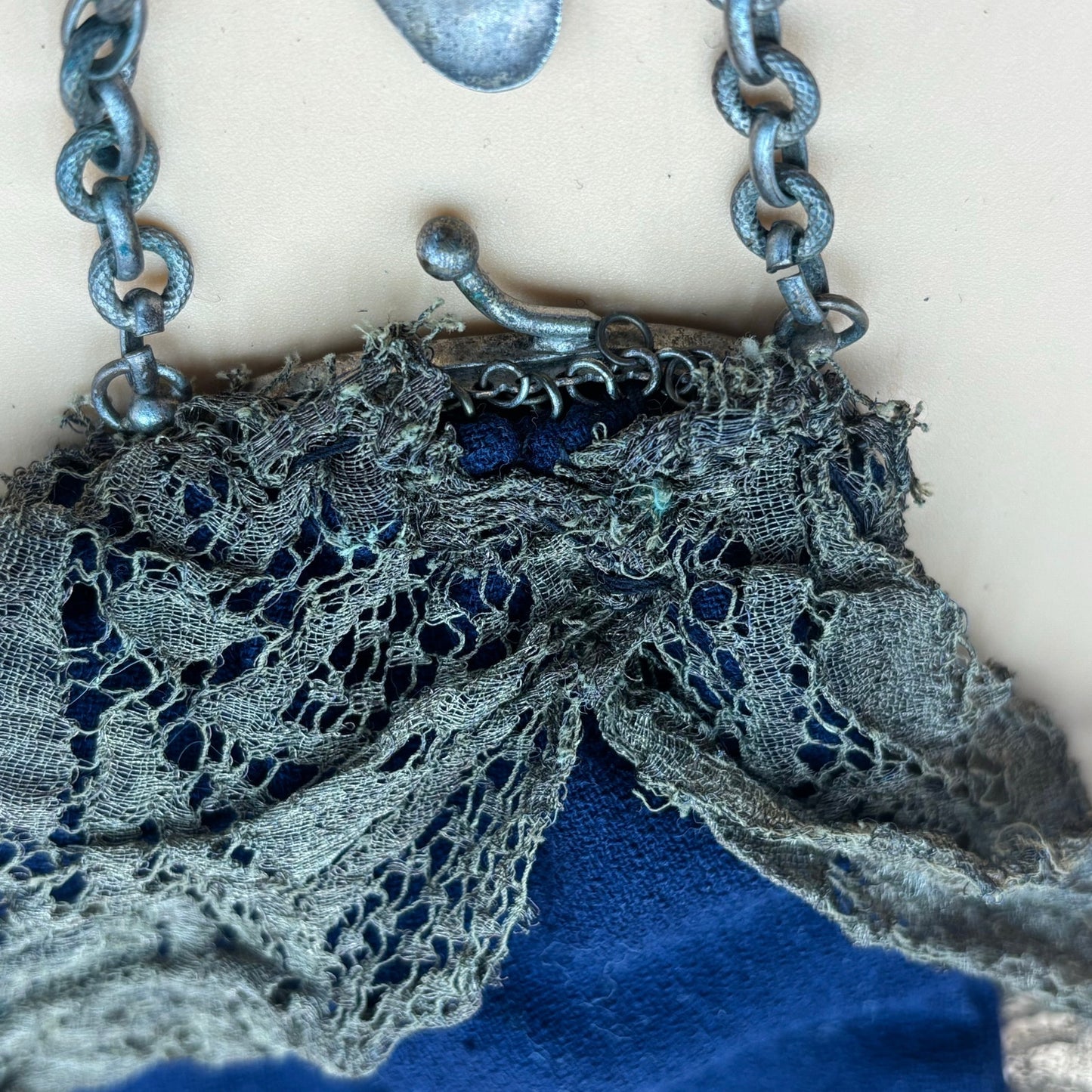 Antique Clip-On Purse with Mirror β Olive Green Lace & Blue Cloth Lining