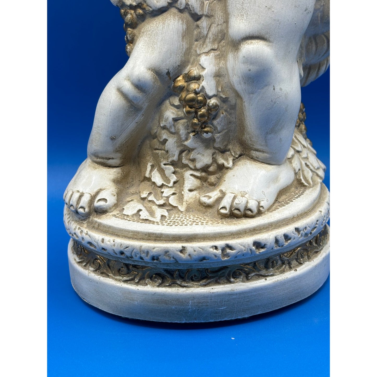 VTG Chalkware Angel Cherub with Cornucopia Garden Statue - Ivory & Gold Accent
